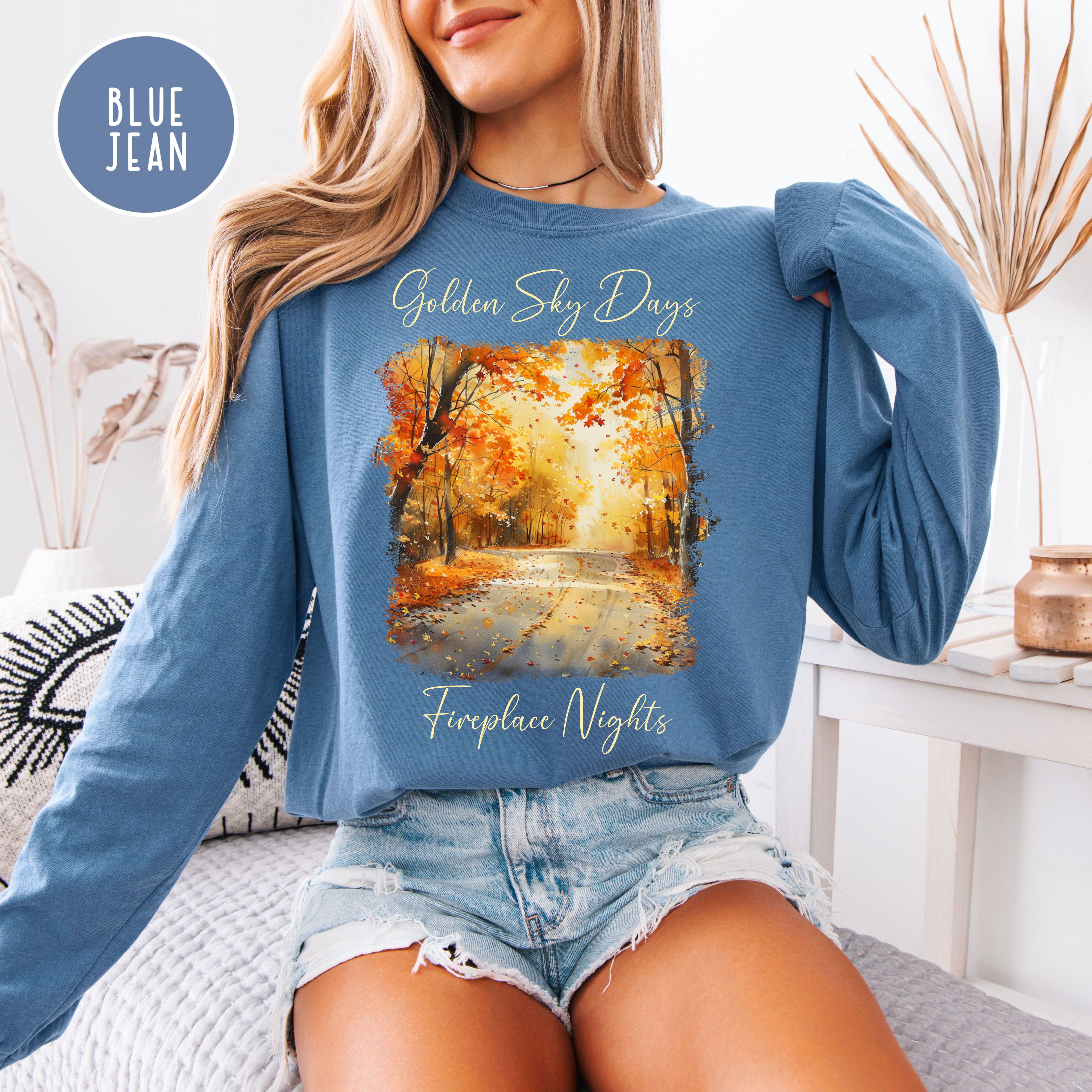 Golden Sky Days and Fireplace Nights Autumn Season Long Sleeve Comfort Colors Fall Colors Tee Shirt