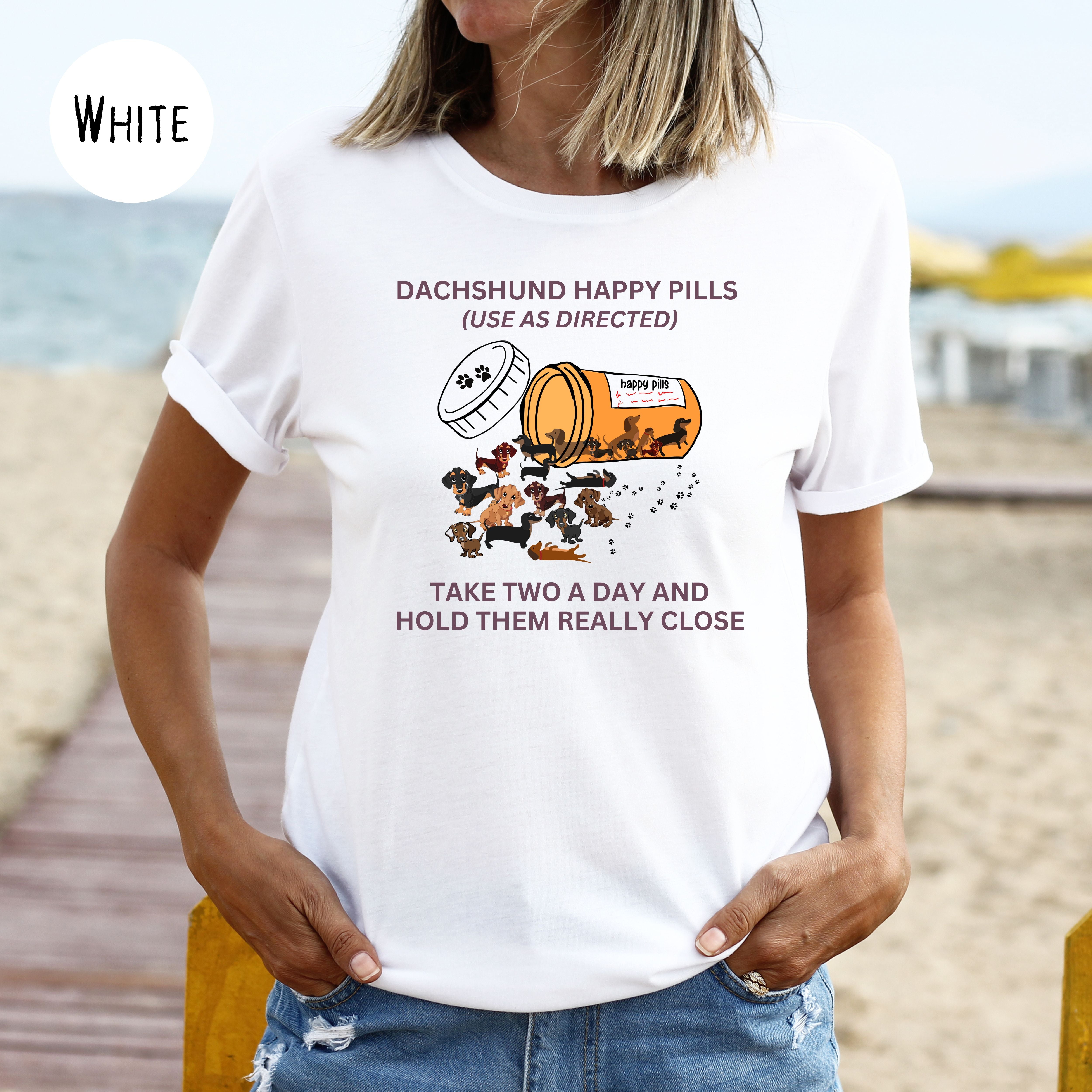 Dachshund Happy Pills Adult Unisex Crewneck Tee