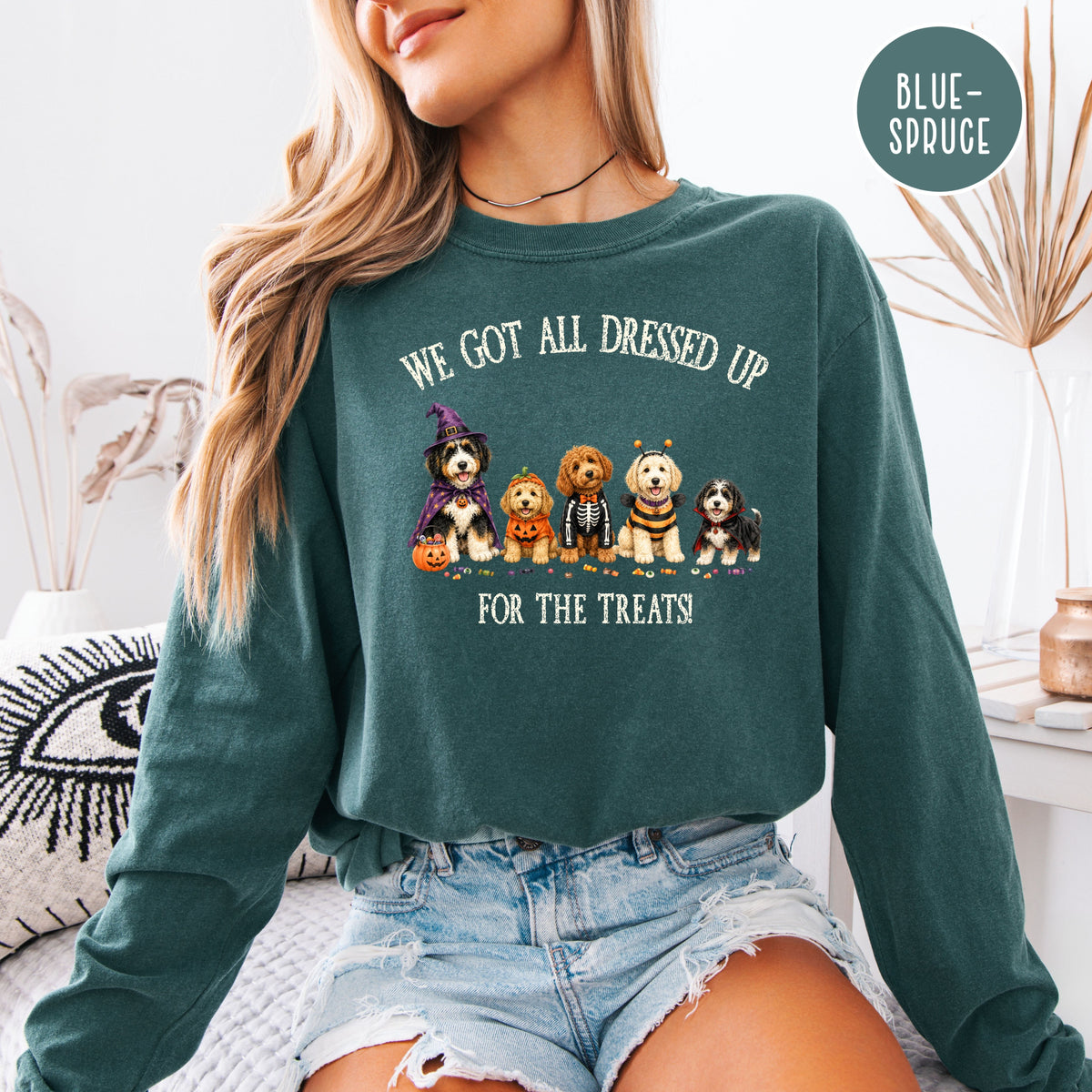 Halloween & Doodles Funny Dog Lover Long Sleeve Comfort Colors T-Shirt, Doodle Lover Halloween Gift, Doodle Dogs in Halloween Costumes Tee