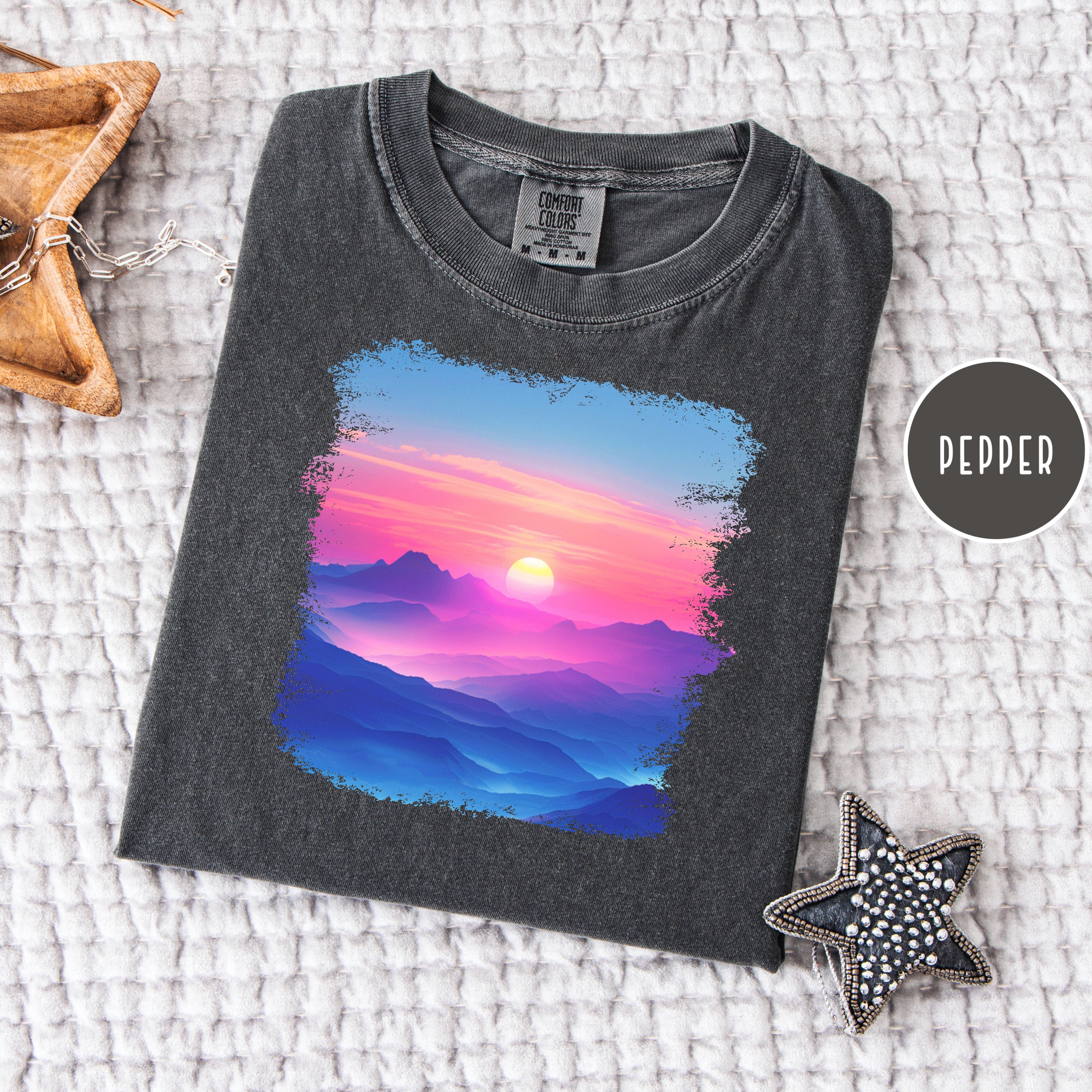 Colorful Sunset Over Mountains Comfort Colors T-shirt, Pink Purple Red Yellow Sunset