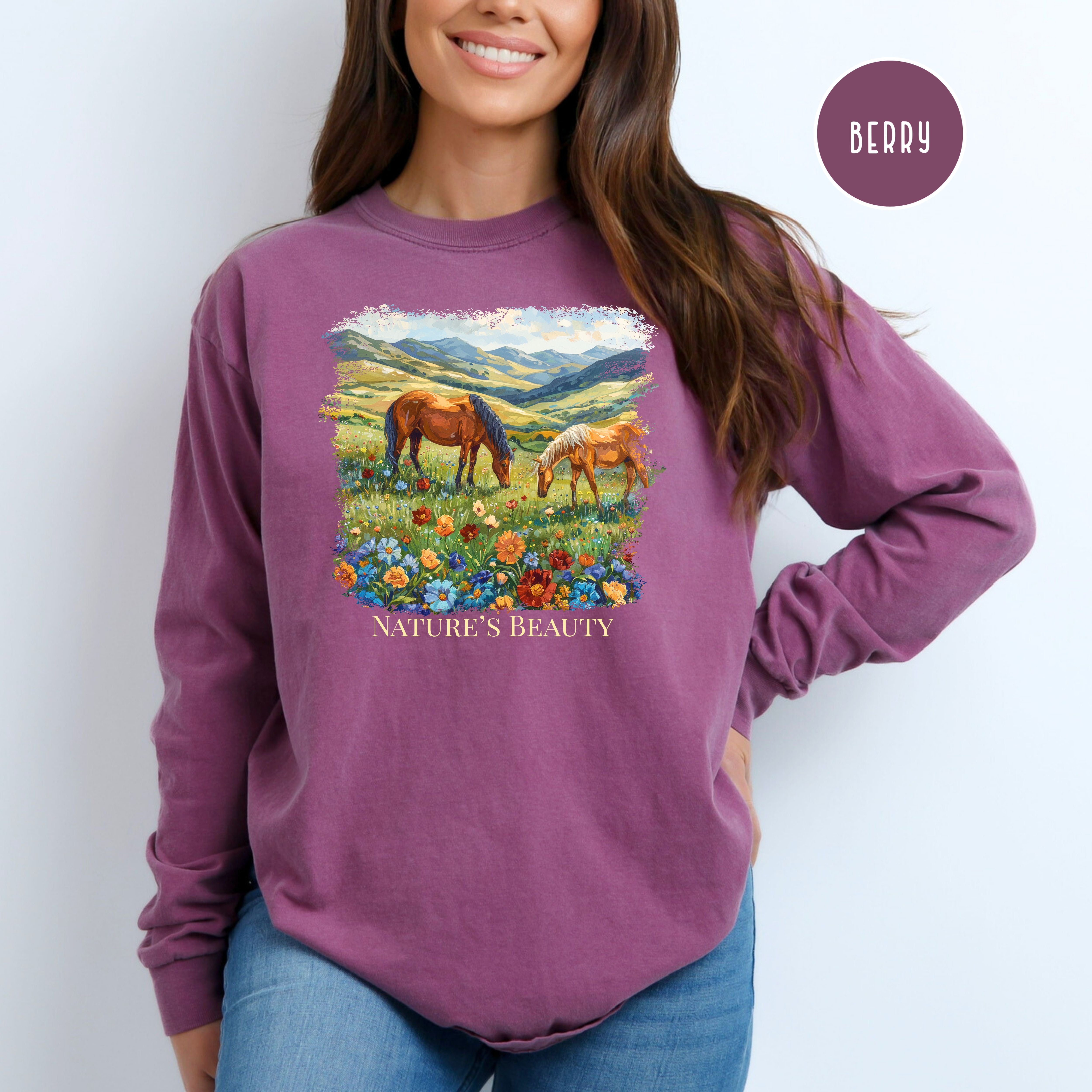 Beautiful Horses in a Field of Flowers Long Sleeve Comfort Colors Horse Lover Gift Tee