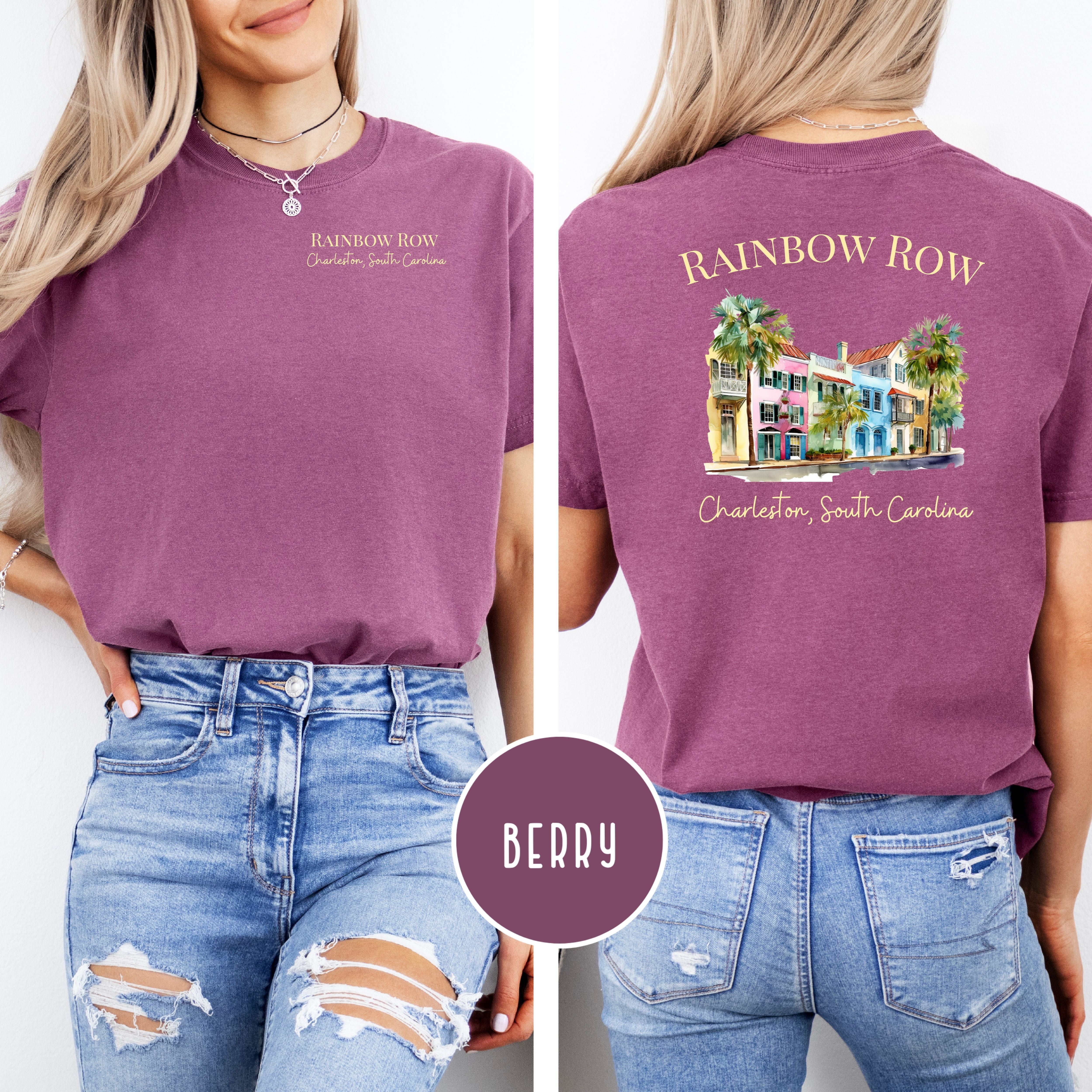 Rainbow Row Charleston South Carolina Comfort Colors Vacation Gift Tee Design Front and Back