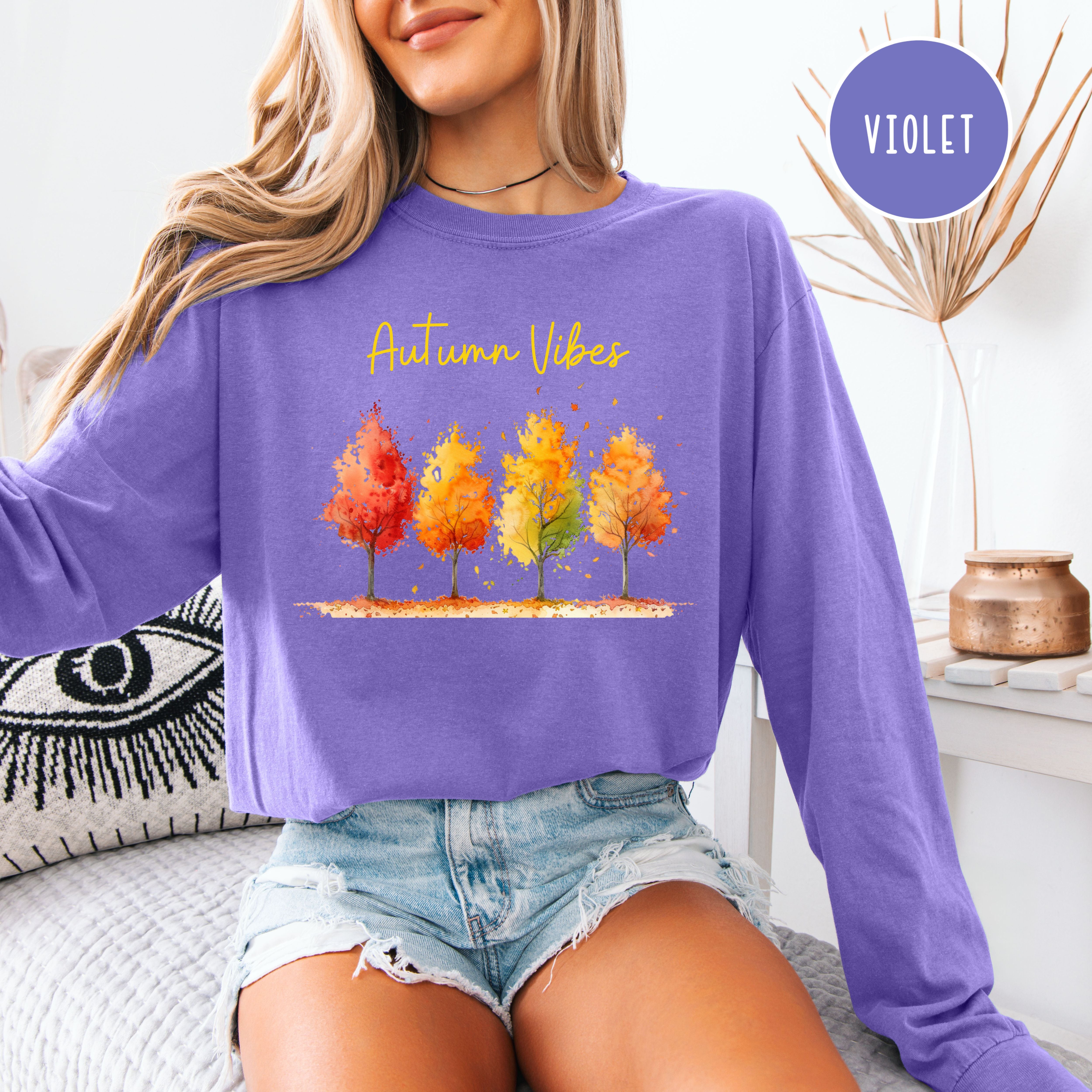 Autumn Vibes Colorful Fall Leaves Unisex Long Sleeve Comfort Colors Tee, Thanksgiving Season Gift