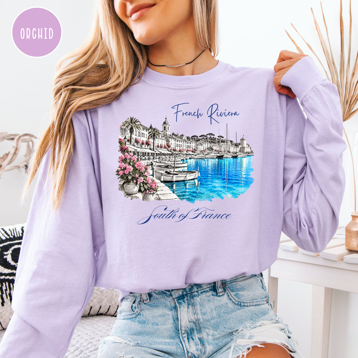 French Riviera Long Sleeve Comfort Colors Tee, South of France Vacation Gift, Mediterranean Coast Shirt, Cote d'Azur Gift, France Gift Shirt