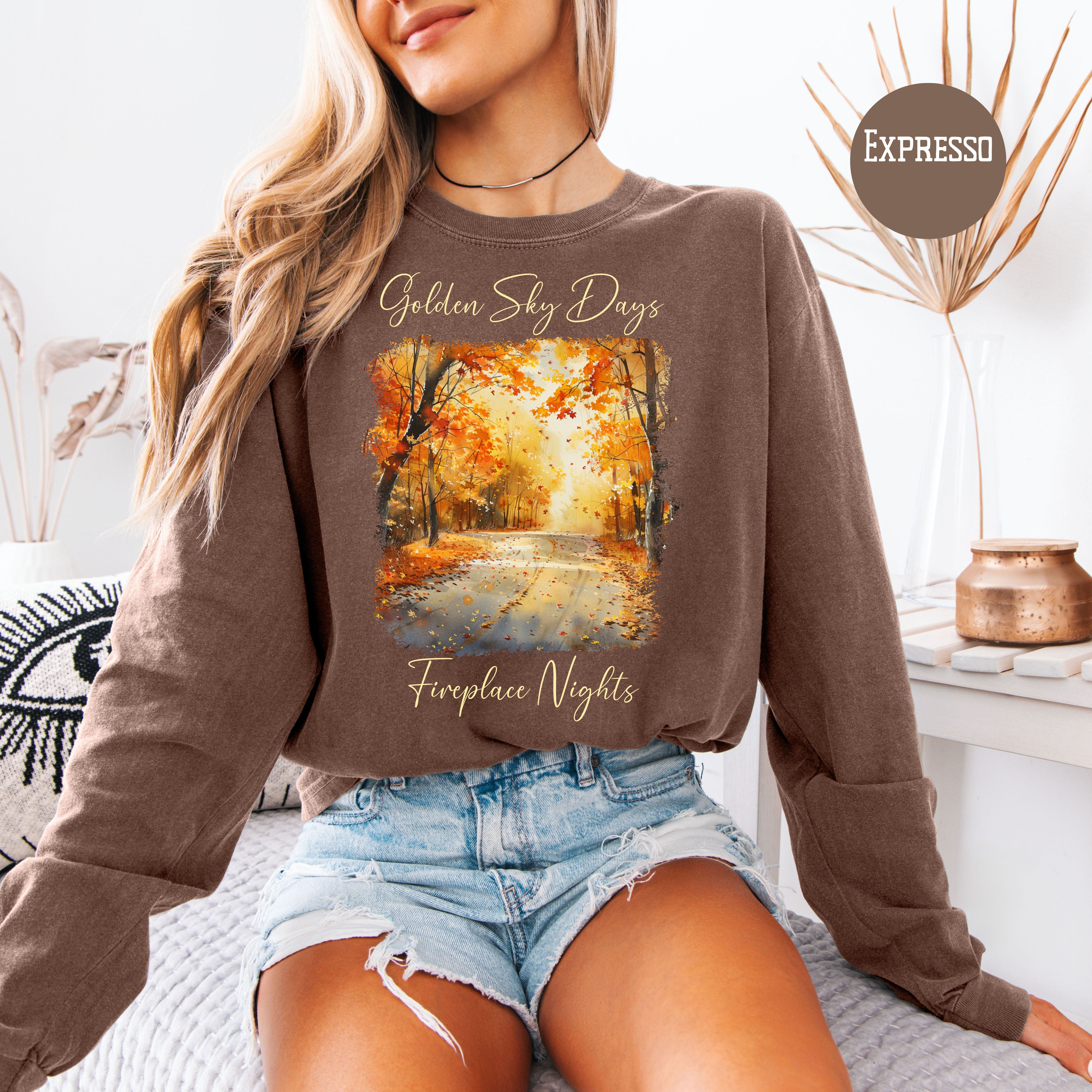 Golden Sky Days and Fireplace Nights Autumn Season Long Sleeve Comfort Colors Fall Colors Tee Shirt