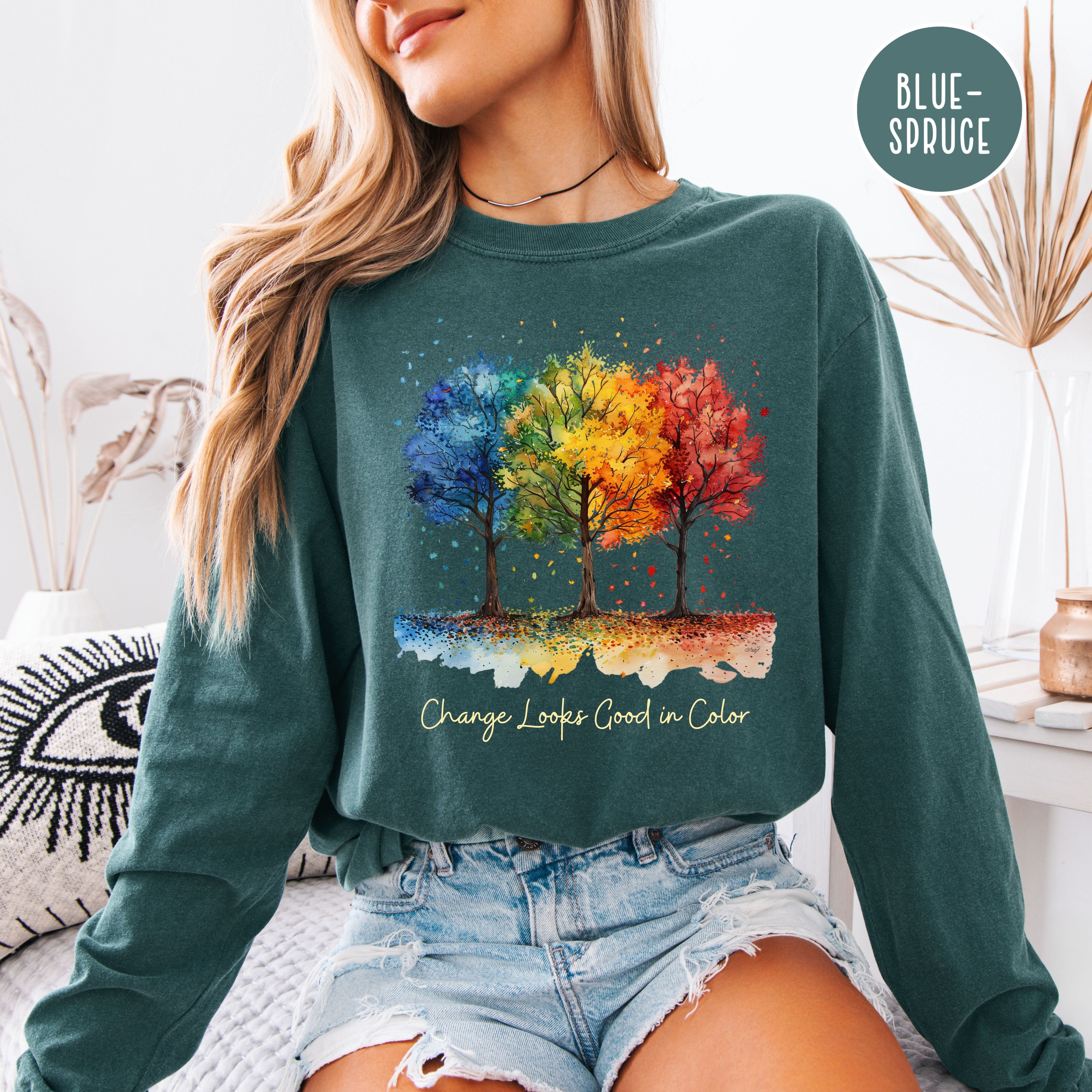 Change Looks Good In Color Autumn Unisex Comfort Colors Long Sleeve Fall Tee