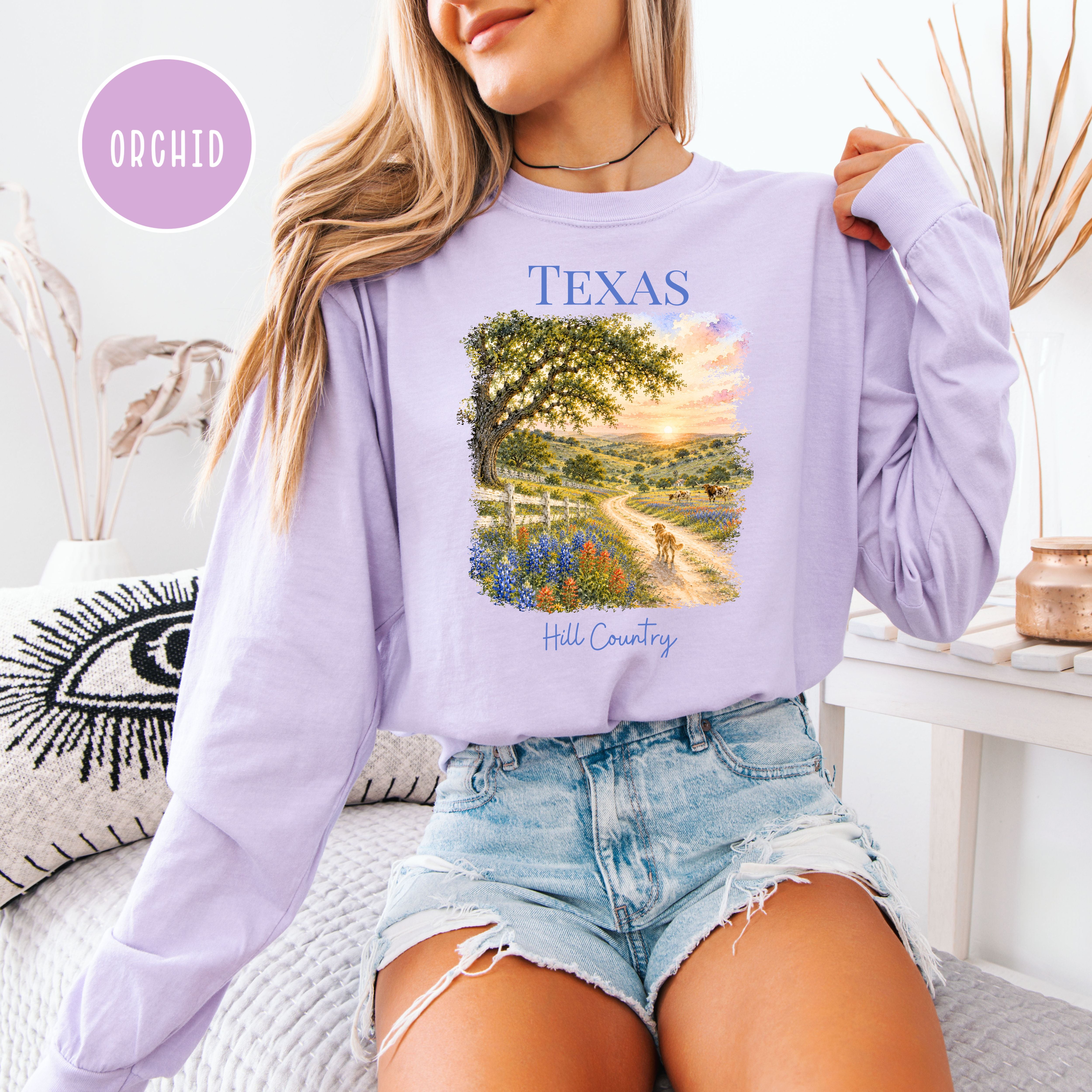 Texas Hill Country Long Sleeve Comfort Colors T-Shirt, Texas Vacation Shirt, Texas Gift Shirt, Texas Travel Gift, Texas Blue Bonnets Shirt