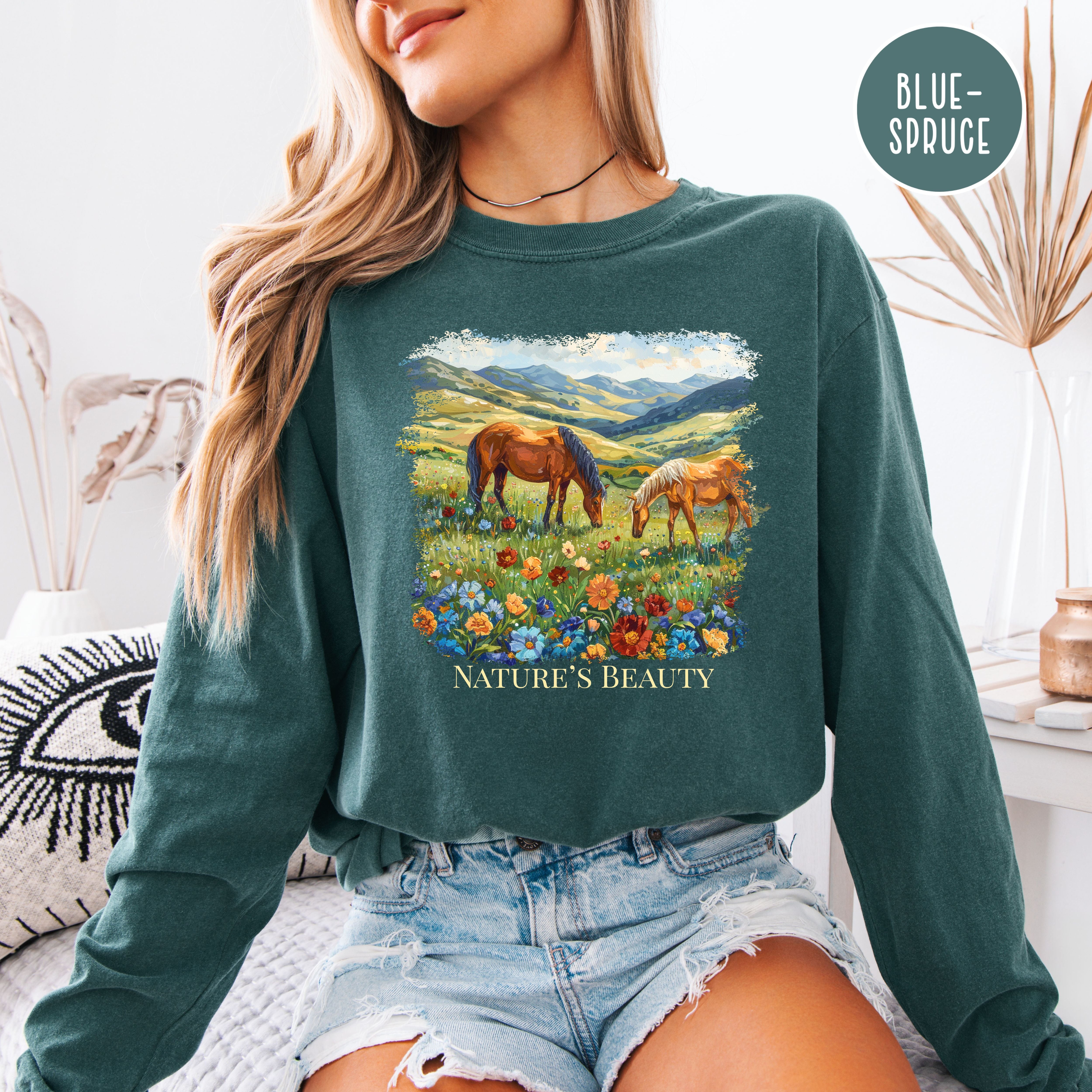 Beautiful Horses in a Field of Flowers Long Sleeve Comfort Colors Horse Lover Gift Tee