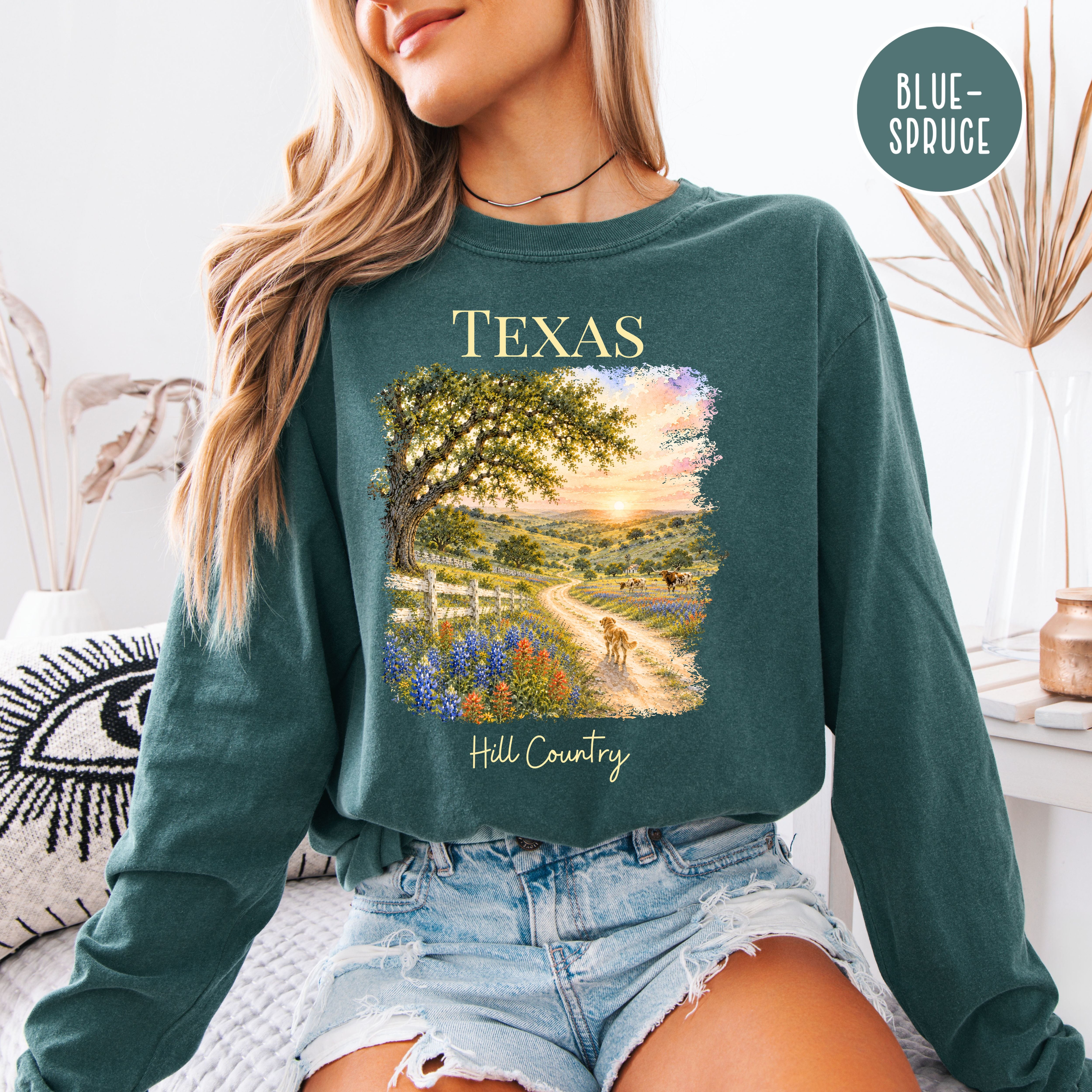 Texas Hill Country Long Sleeve Comfort Colors T-Shirt, Texas Vacation Shirt, Texas Gift Shirt, Texas Travel Gift, Texas Blue Bonnets Shirt