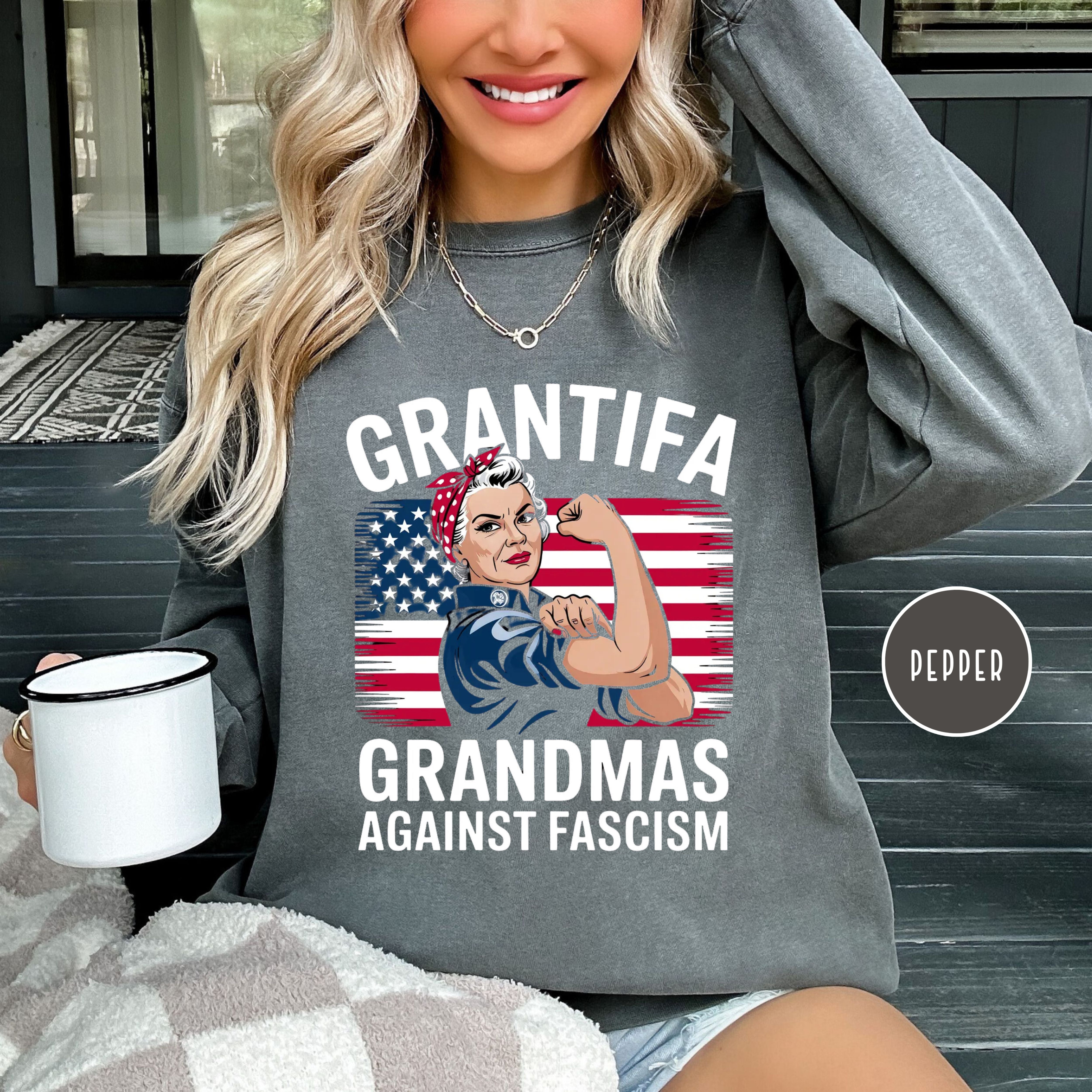 Grantifa Comfort Colors Sweatshirt, Rosie the Riveter Grandmas Against Fascism Sweatshirt