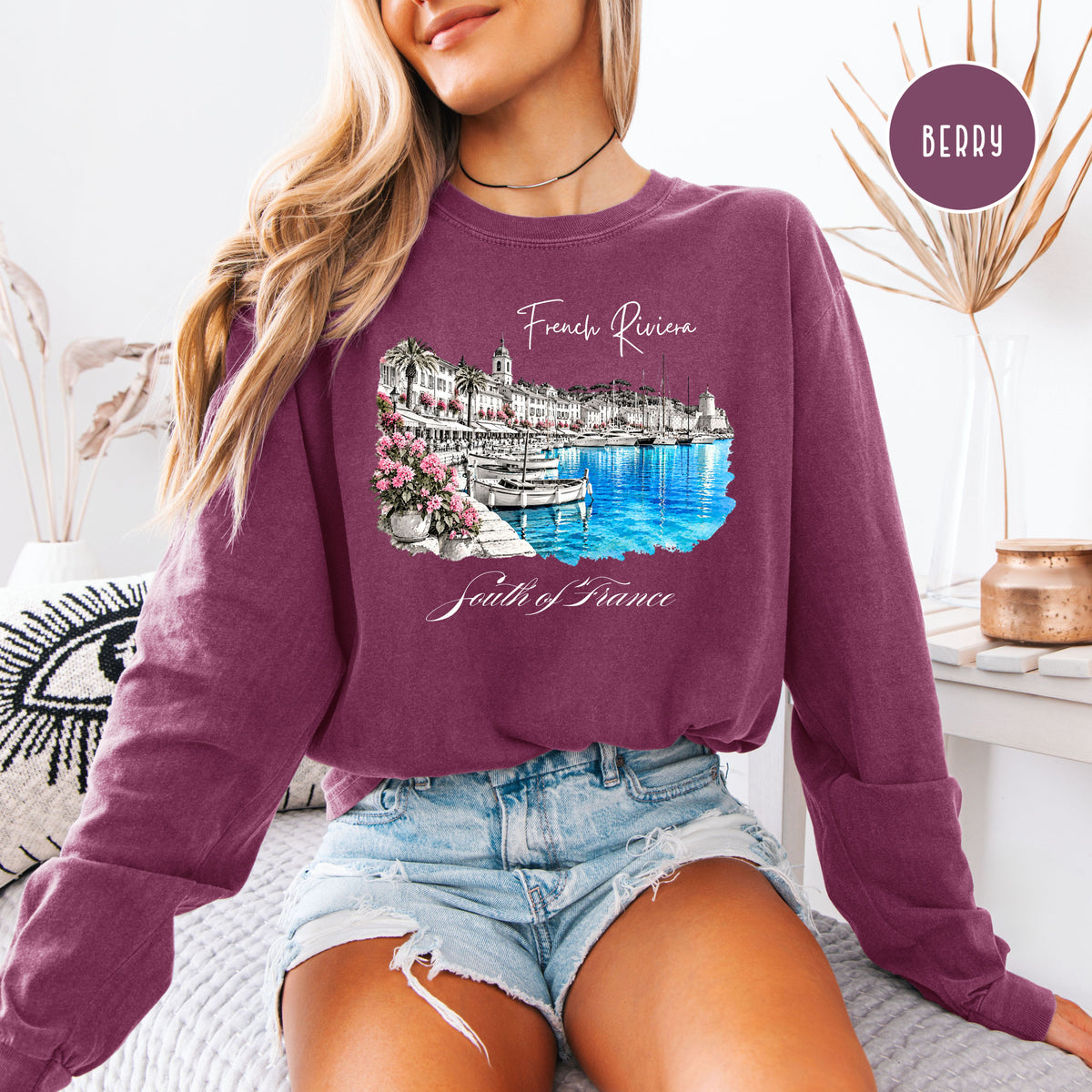French Riviera Long Sleeve Comfort Colors Tee, South of France Vacation Gift, Mediterranean Coast Shirt, Cote d'Azur Gift, France Gift Shirt