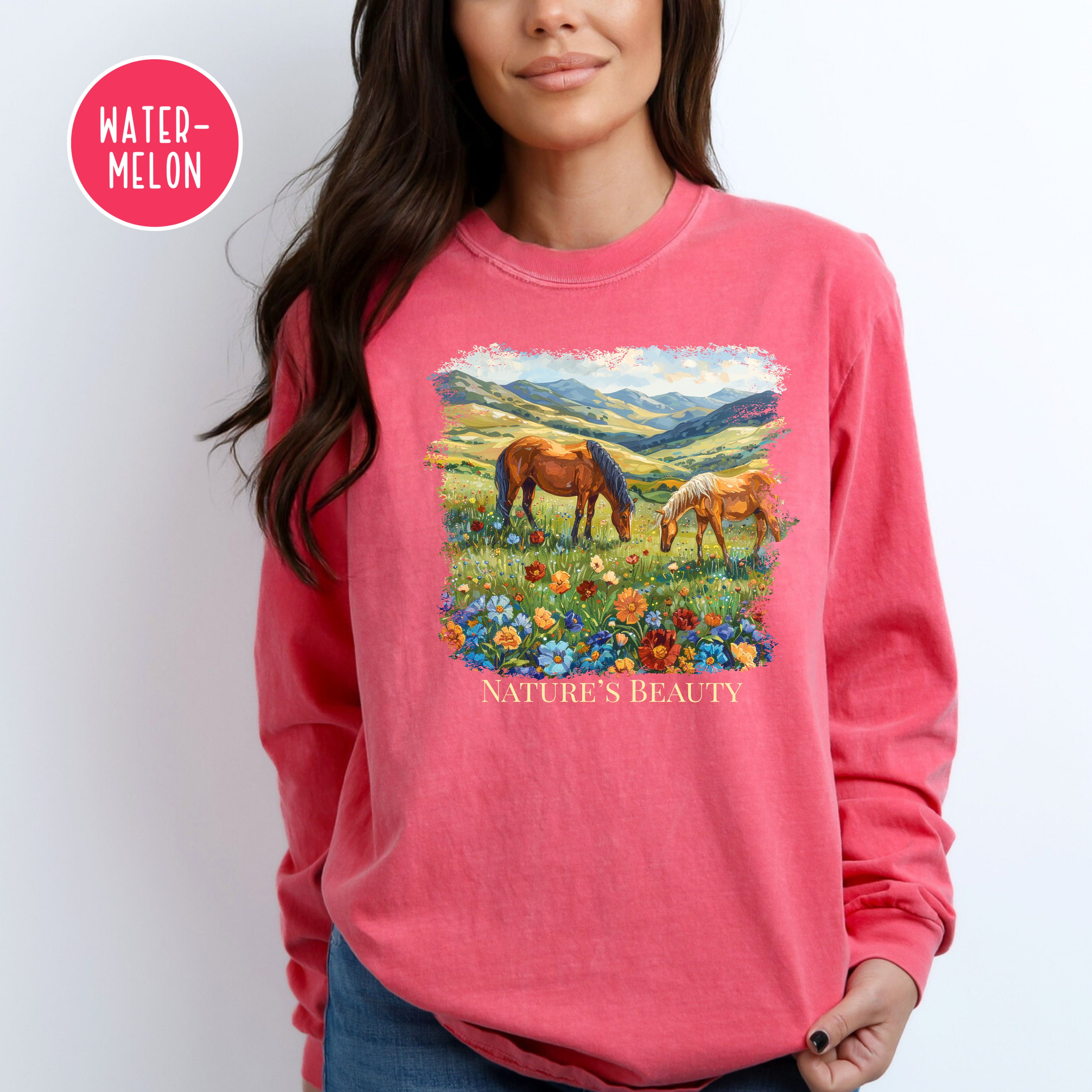 Beautiful Horses in a Field of Flowers Long Sleeve Comfort Colors Horse Lover Gift Tee