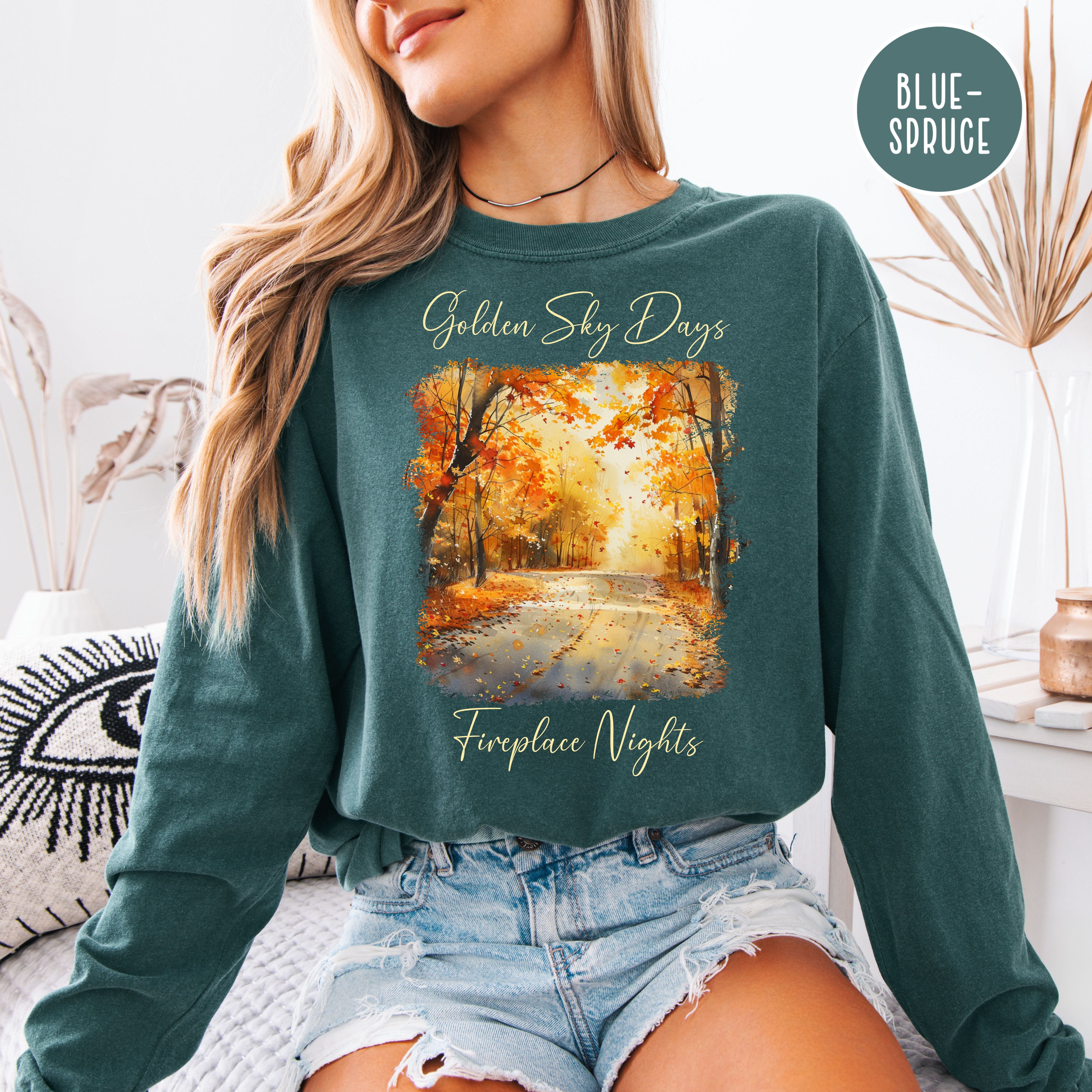 Golden Sky Days and Fireplace Nights Autumn Season Long Sleeve Comfort Colors Fall Colors Tee Shirt