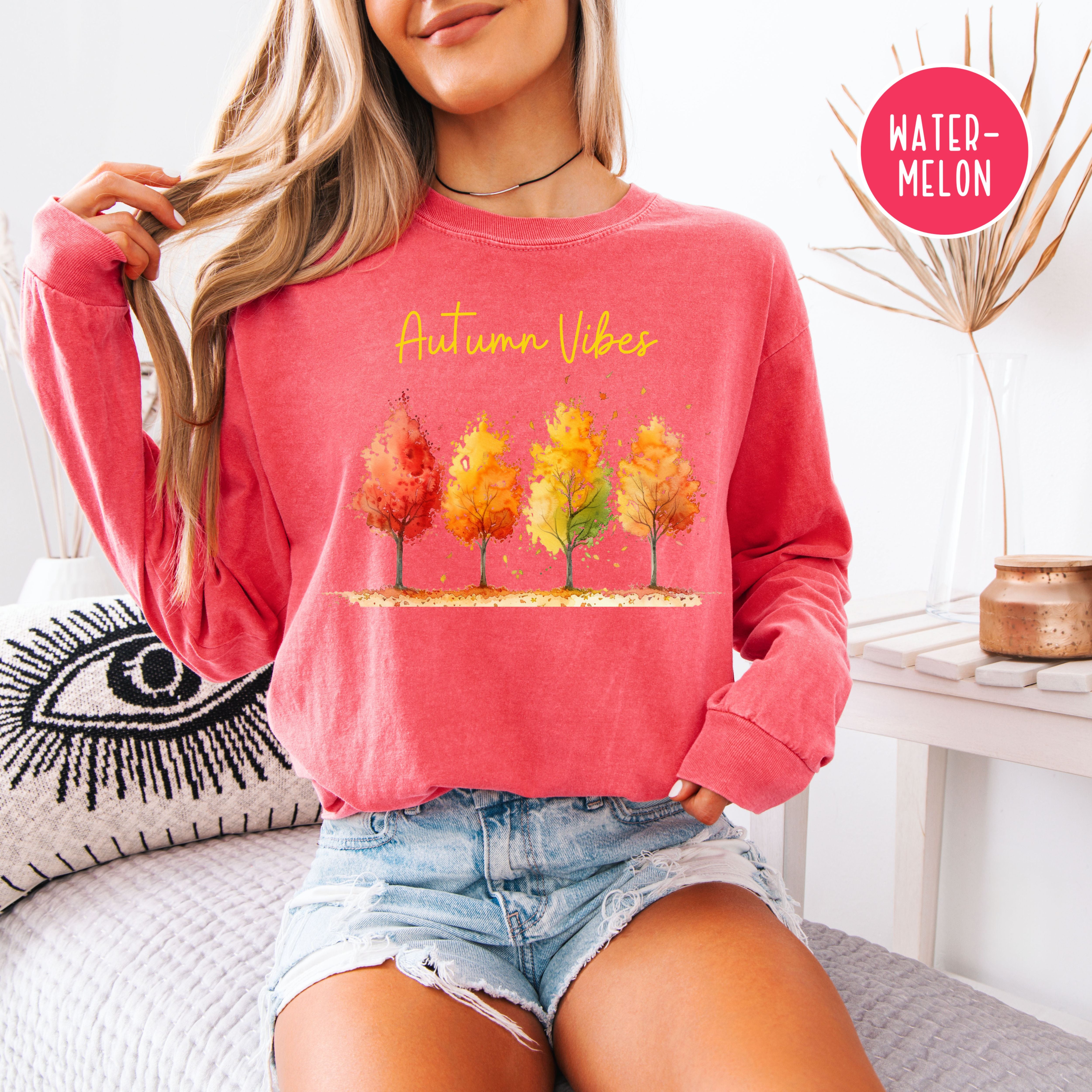 Autumn Vibes Colorful Fall Leaves Unisex Long Sleeve Comfort Colors Tee, Thanksgiving Season Gift