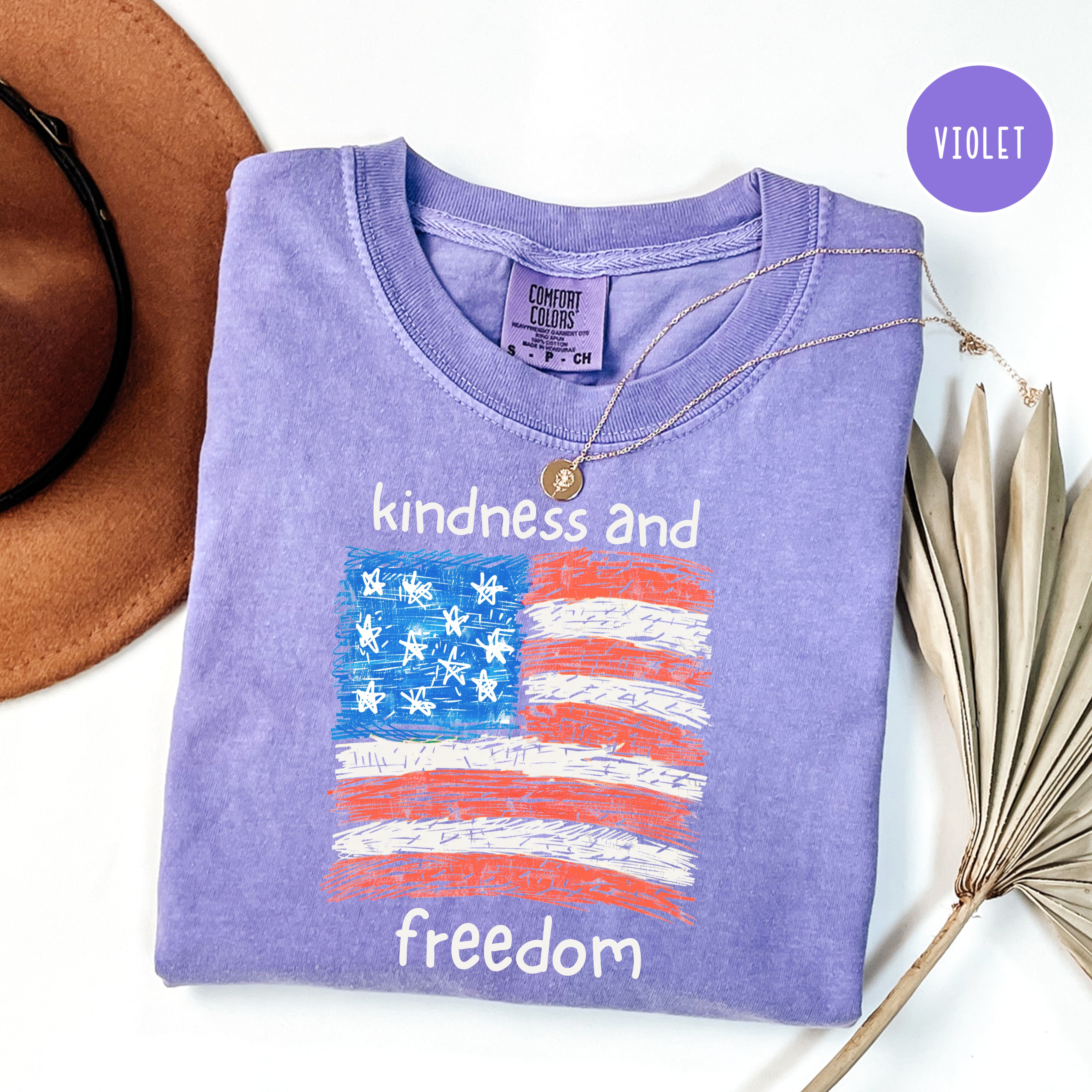Freedom and Kindness 4th of July Shirt, USA Flag Drawing Comfort Colors T-Shirt, Fun Patriotic Shirt, Kindness Shirt, Be Kind Gift Shirt