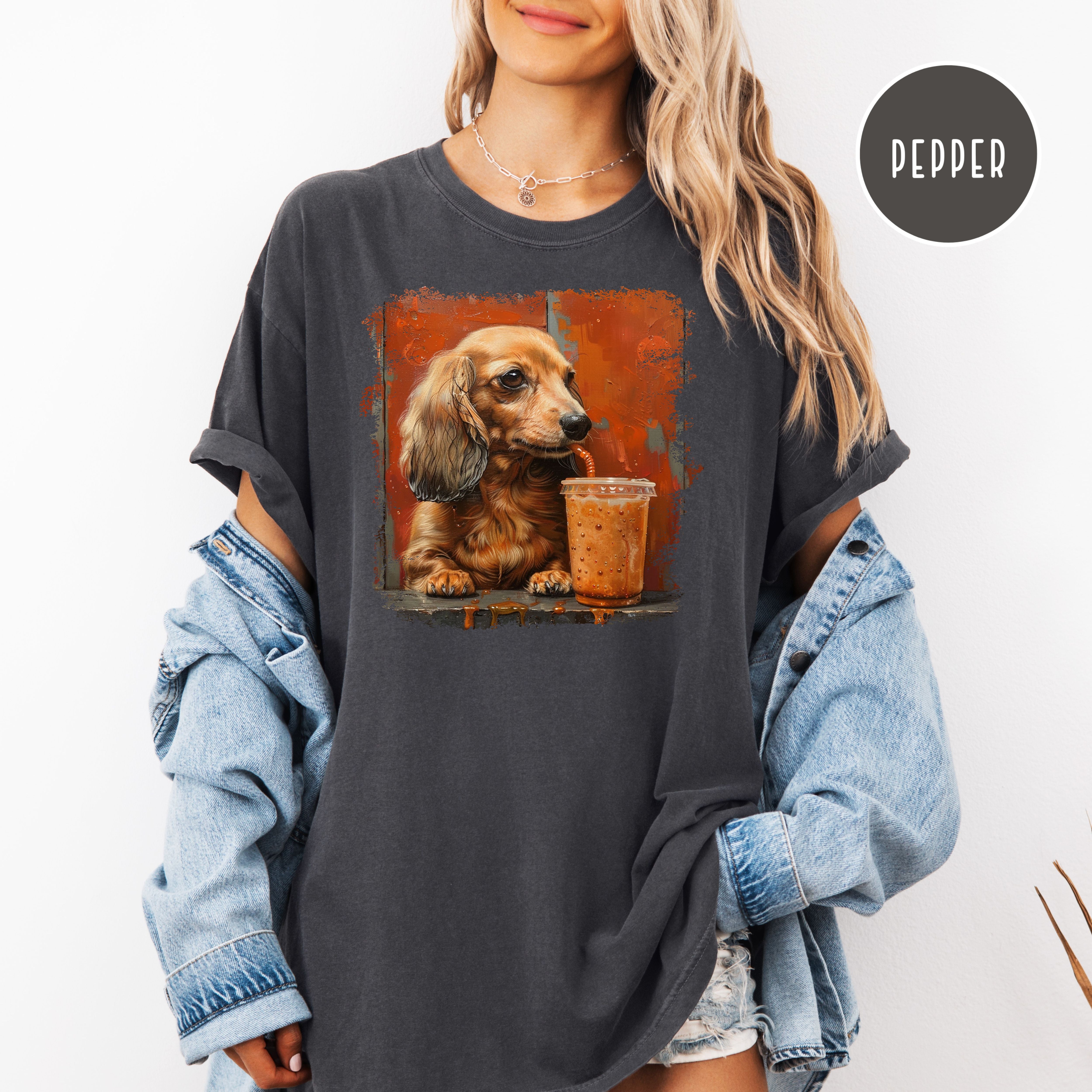 Dachshund Lover Comfort Colors T-Shirt, Doxie Mama Shirt, Dachshund Drinking Coffee, Dog Lover Art, Wiener Dog Shirt, Sausage Dog Gift