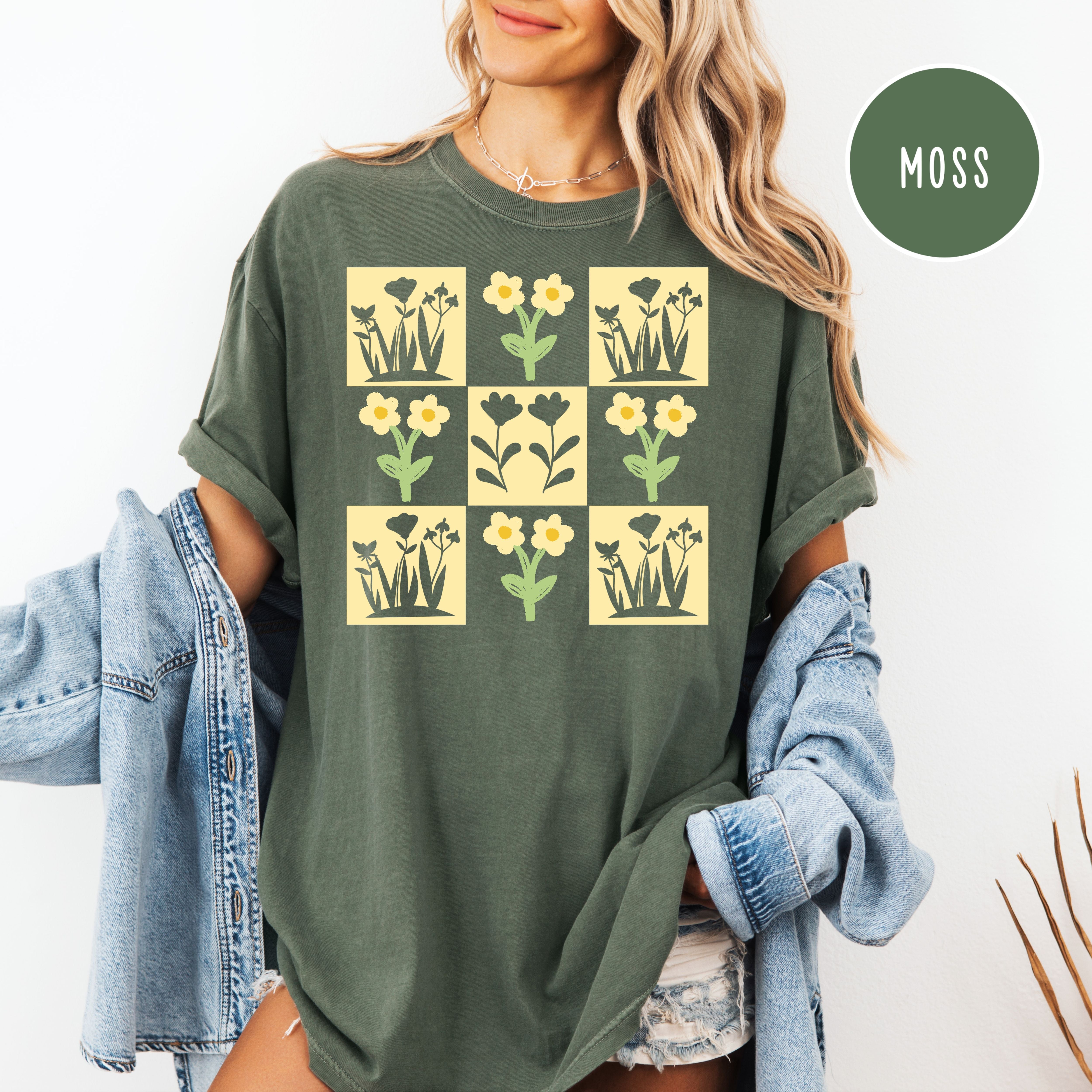 Flower Lover Gift Shirt, Flower Checkerboard Grid Comfort Colors Gift for Garden Lover