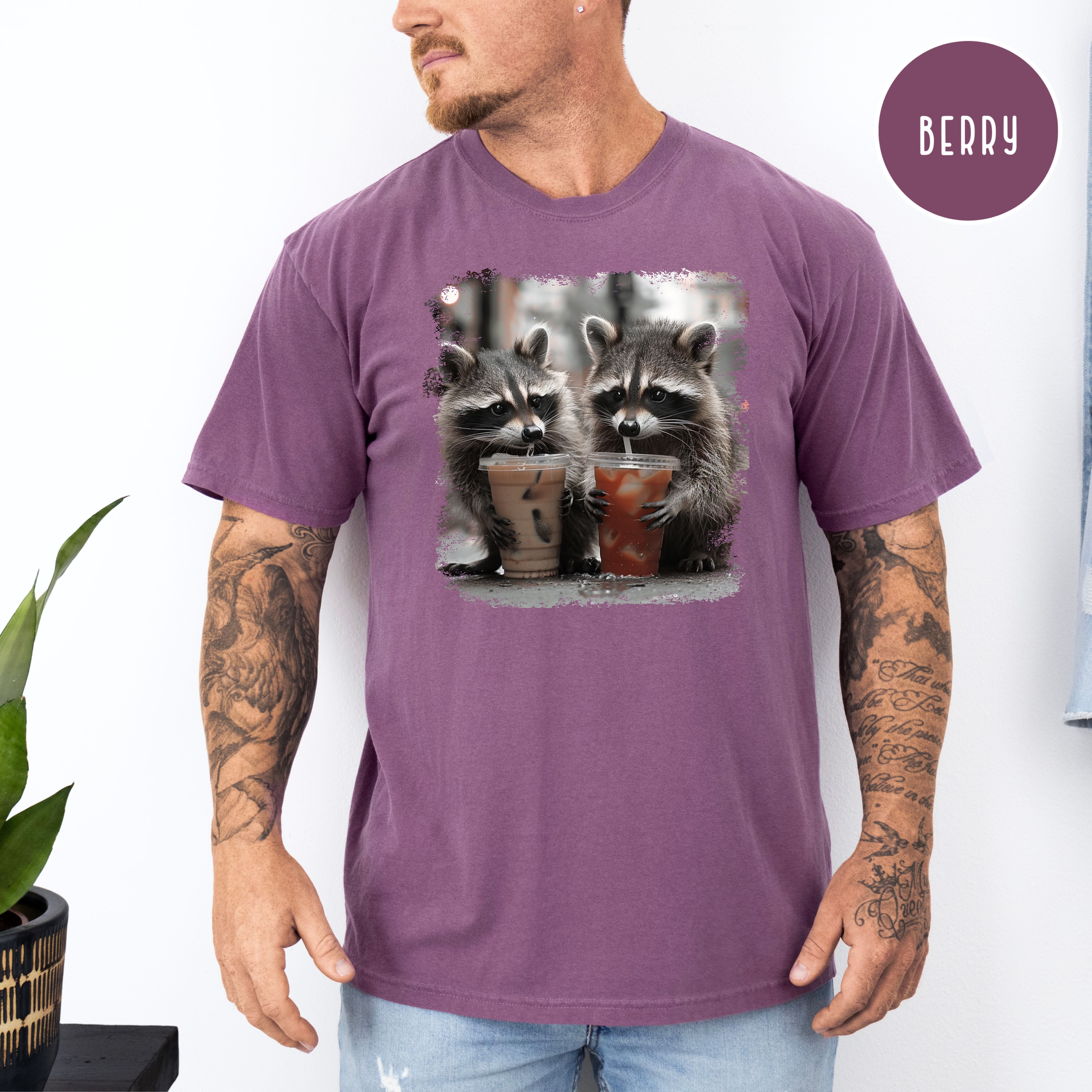 Cute Raccoons Drinking Iced Coffee and Iced Tea Comfort Colors Raccoon Lover T-Shirt, Funny Animal Meme Shirt, Coffee Lover Shirt