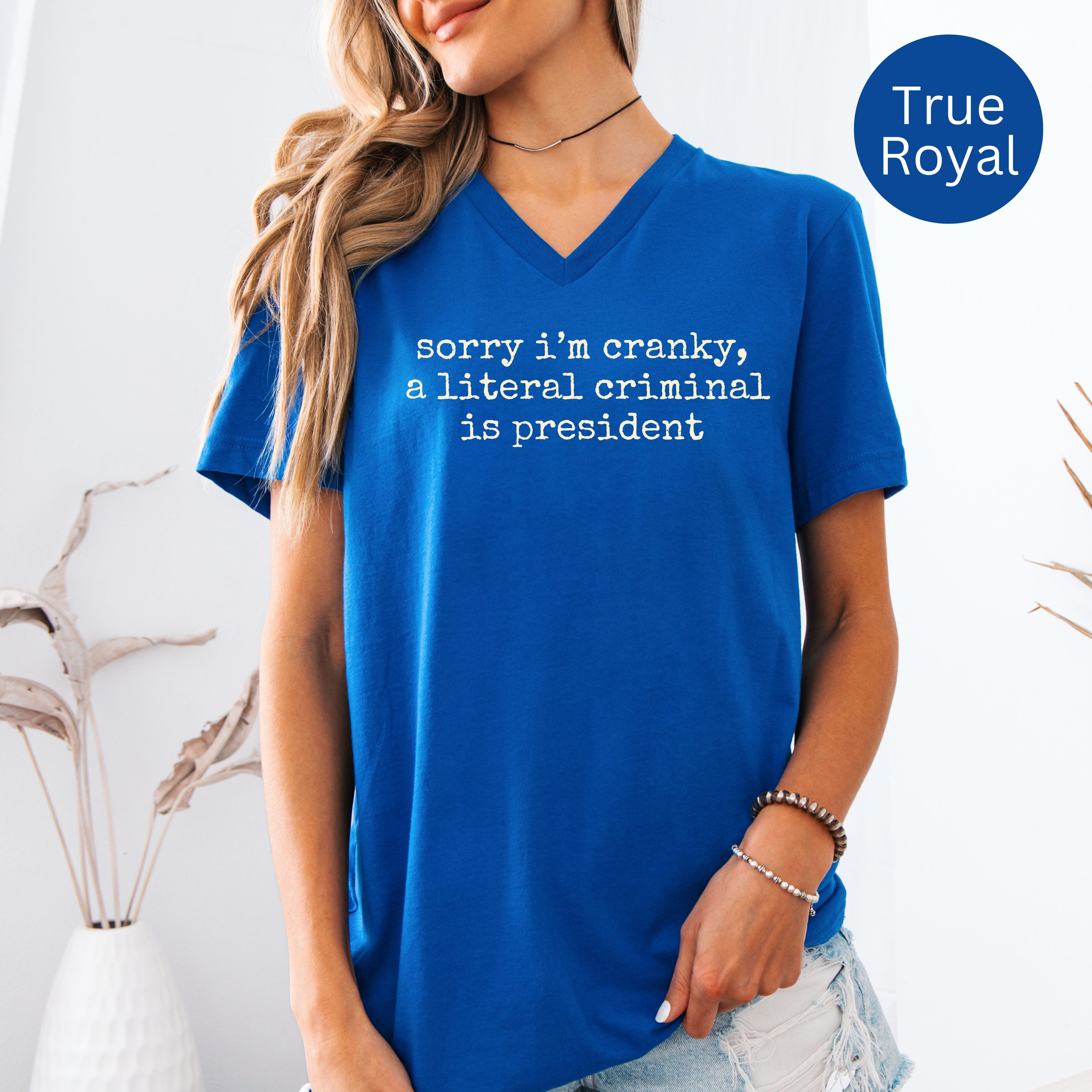 Sorry I'm Cranky, A Criminal Is President Bella Canvas V-Neck Tee, Protest Tee Shirt