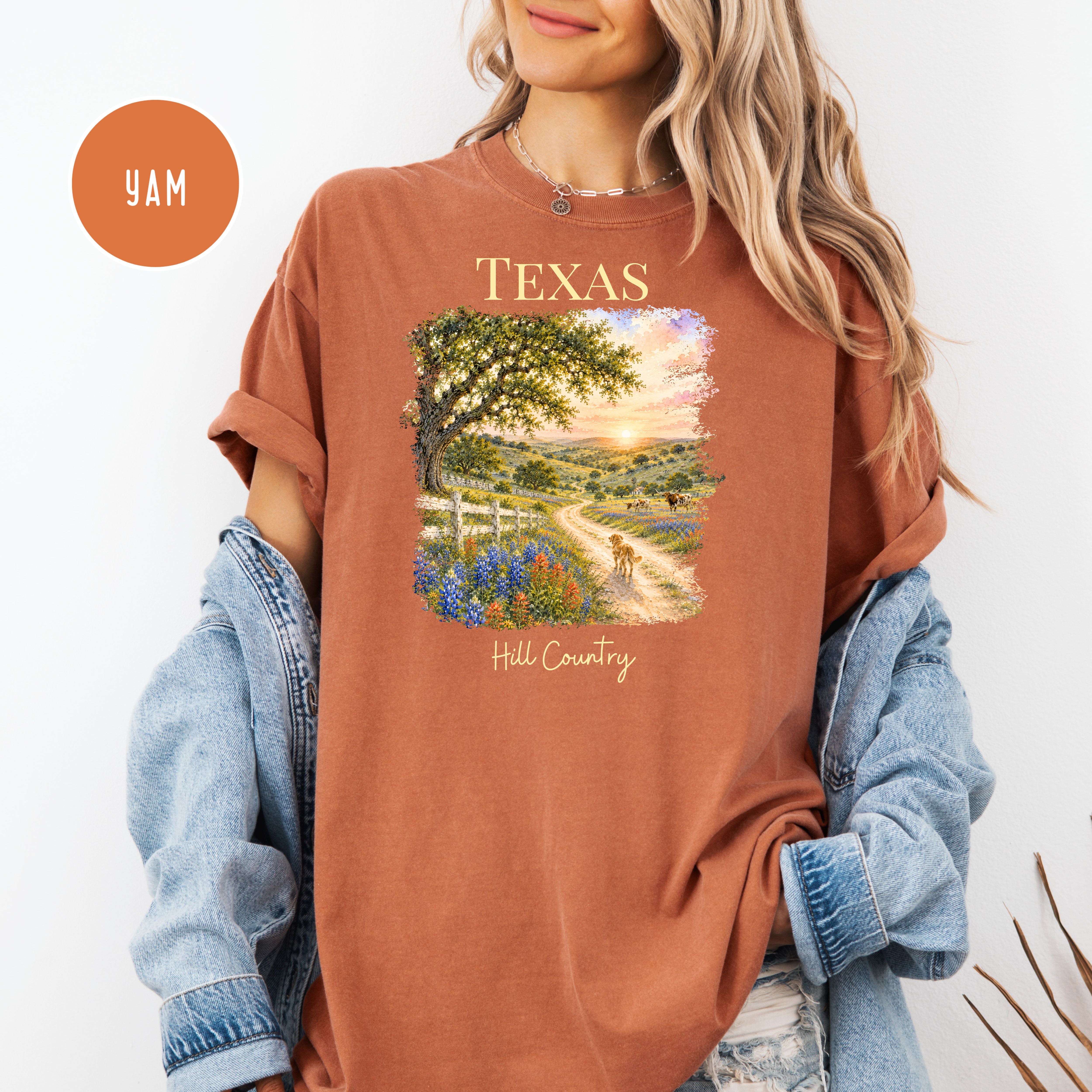 Texas Hill Country Comfort Colors T-Shirt, Texas Vacation Gift Shirt, Texas Travel Shirt, Texas Gift Shirt, Texas Blue Bonnets, Traveler Tee