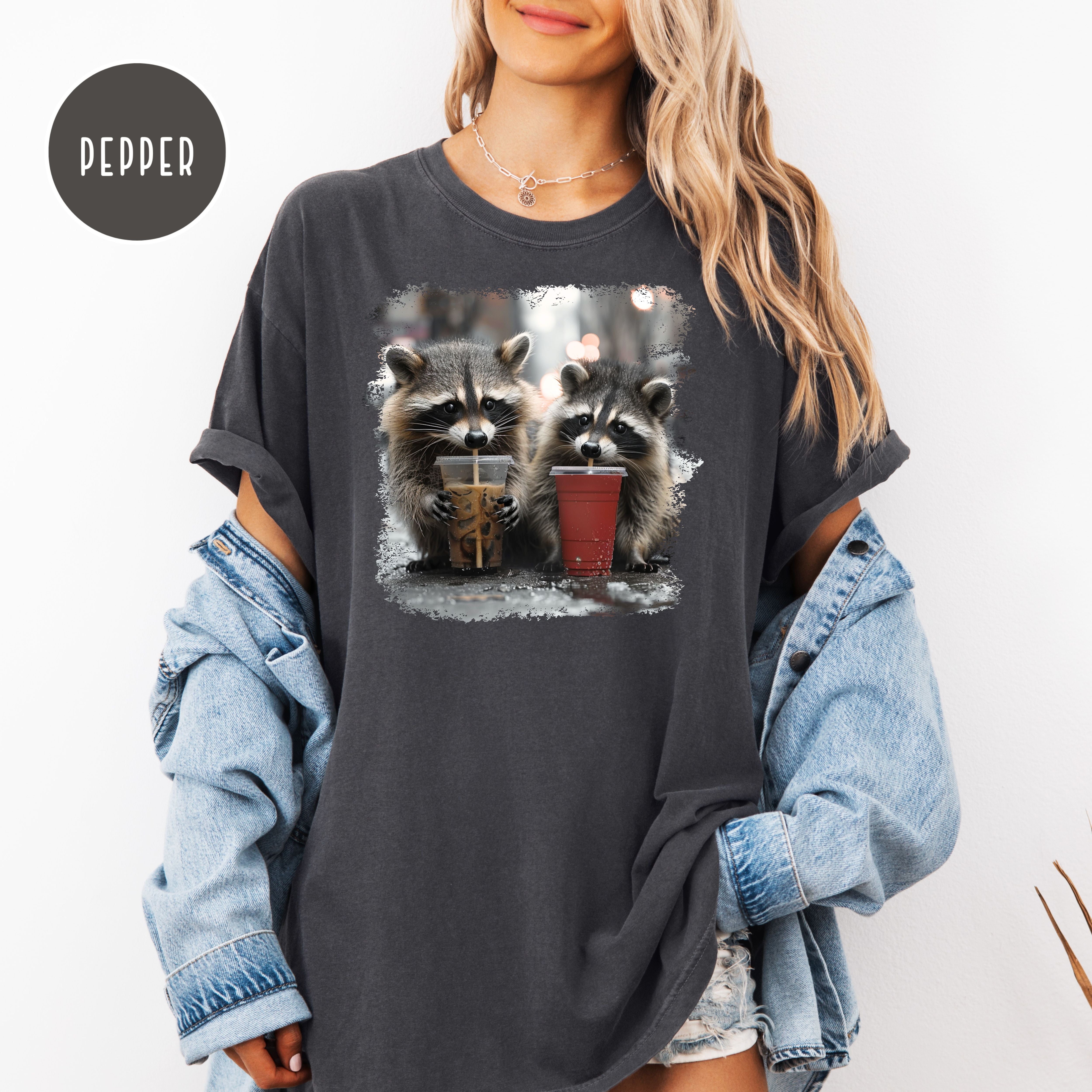 Cute Raccoons Iced Coffee in Solo Cup, Raccoon Lover Comfort Colors T-Shirt, Animal Meme Shirt, Funny Raccoon Shirt, Coffee Drinker Shirt