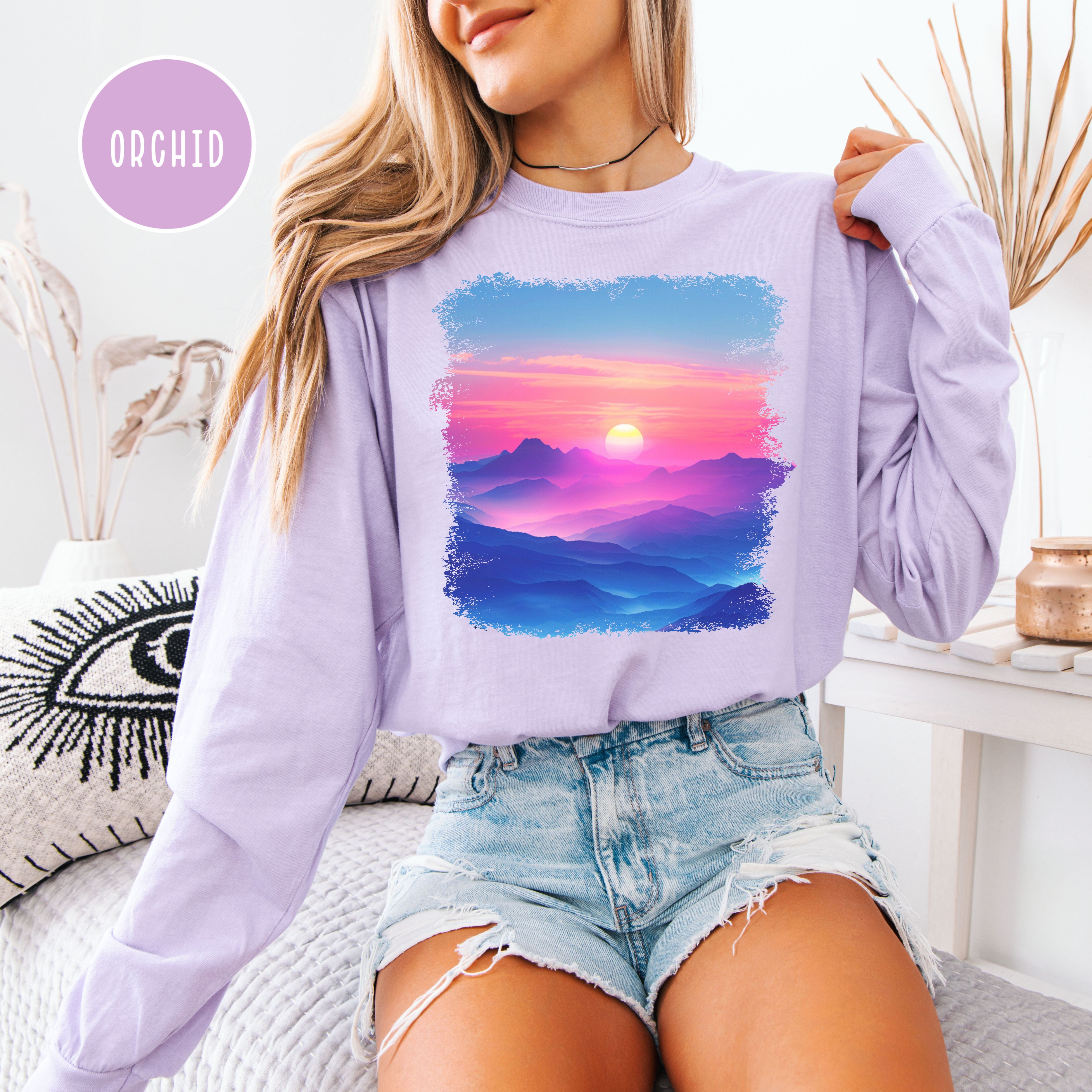 Colorful Sunset Over Mountains Long Sleeve Comfort Colors T-shirt, Pink Purple Red Yellow Sunset