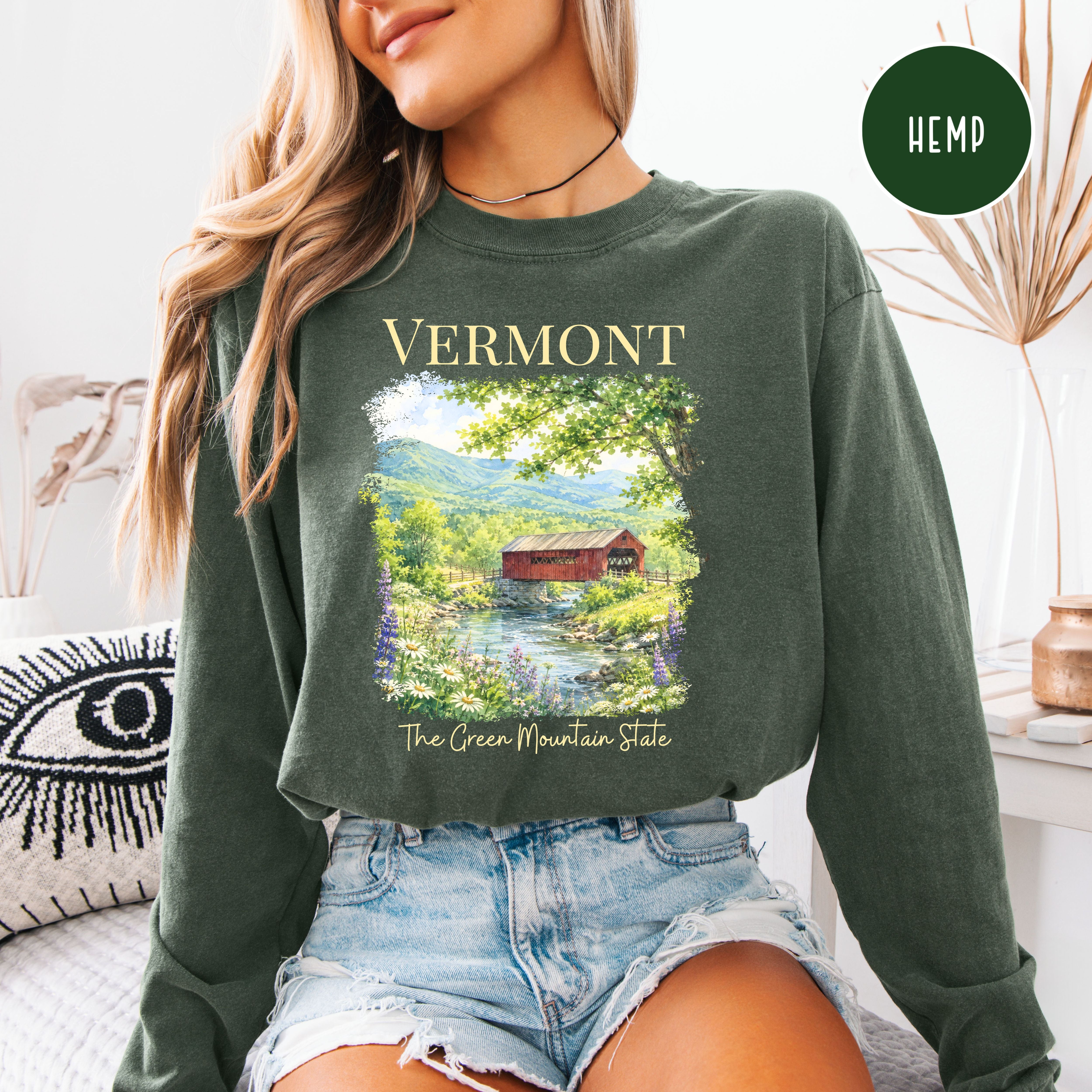 Vermont Long Sleeve Comfort Colors Vacation Gift Tee Shirt, Red Covered Bridge Vermont Shirt, Vermont Travel Gift, The Green Mountain State