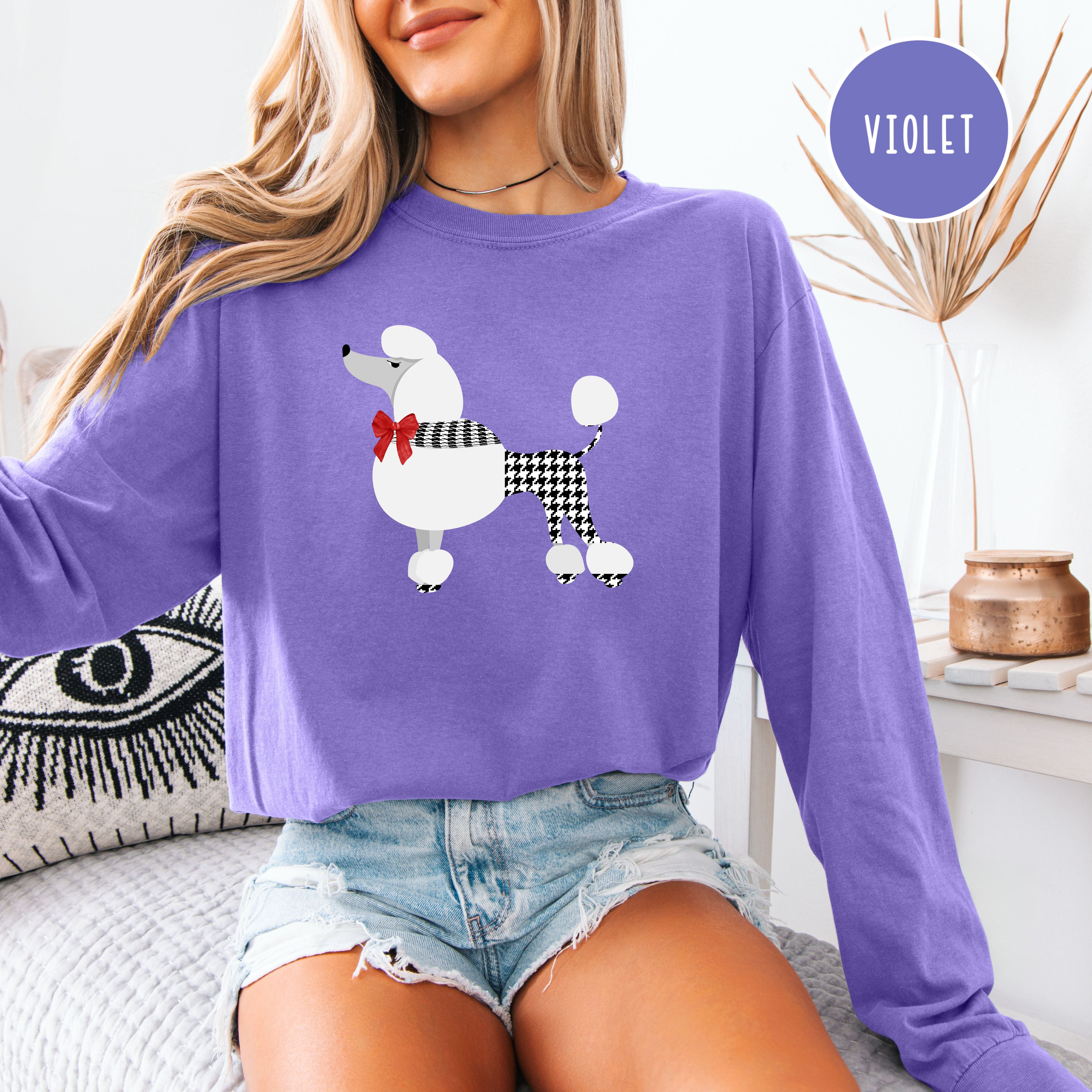 French Poodle Dressed in Houndstooth w Red Bow Long Sleeve Comfort Colors T-Shirt