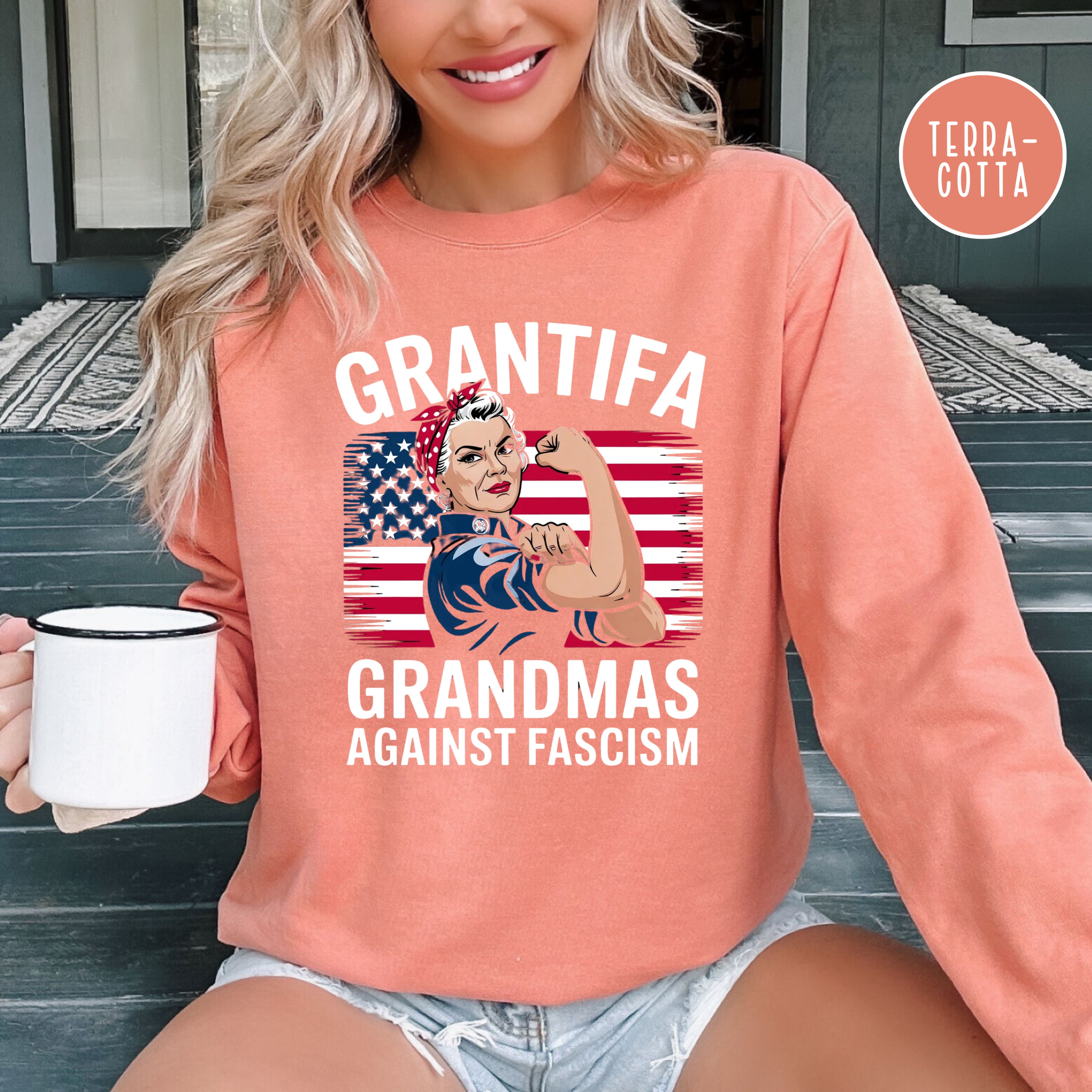Grantifa Comfort Colors Sweatshirt, Rosie the Riveter Grandmas Against Fascism Sweatshirt