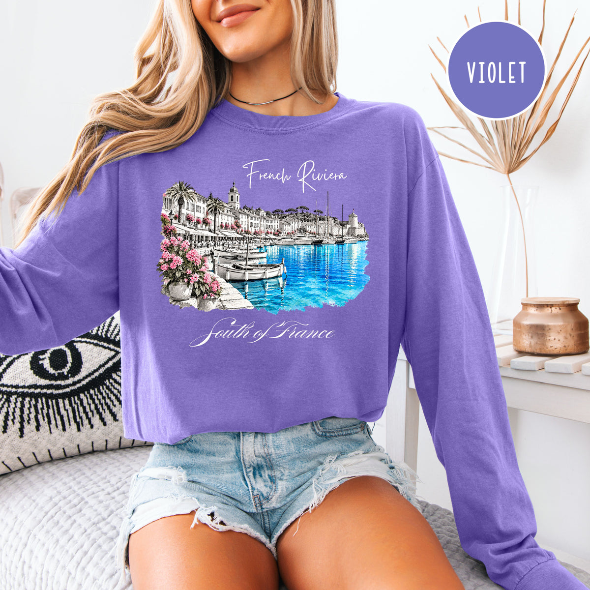 French Riviera Long Sleeve Comfort Colors Tee, South of France Vacation Gift, Mediterranean Coast Shirt, Cote d'Azur Gift, France Gift Shirt