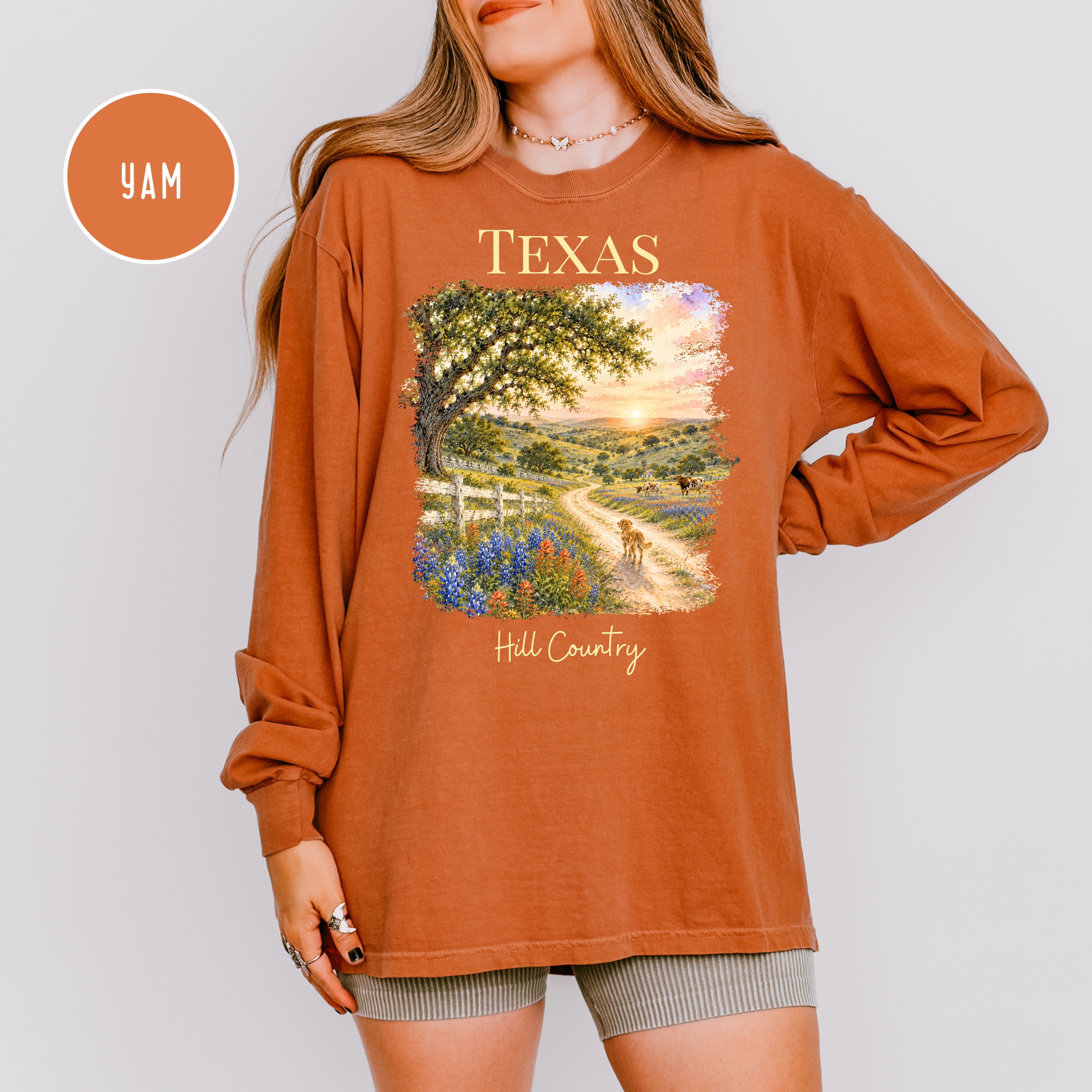 Texas Hill Country Long Sleeve Comfort Colors T-Shirt, Texas Vacation Shirt, Texas Gift Shirt, Texas Travel Gift, Texas Blue Bonnets Shirt