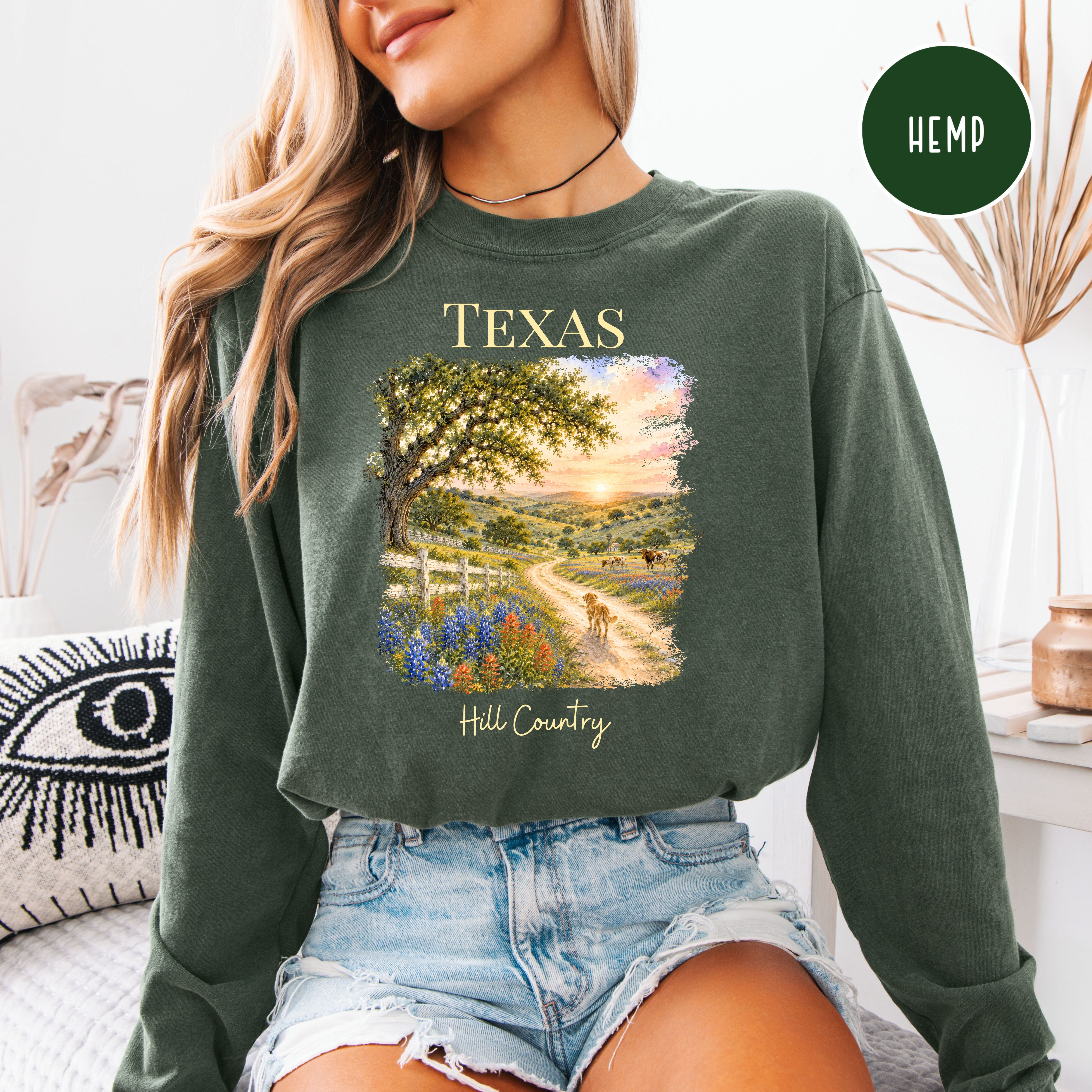 Texas Hill Country Long Sleeve Comfort Colors T-Shirt, Texas Vacation Shirt, Texas Gift Shirt, Texas Travel Gift, Texas Blue Bonnets Shirt