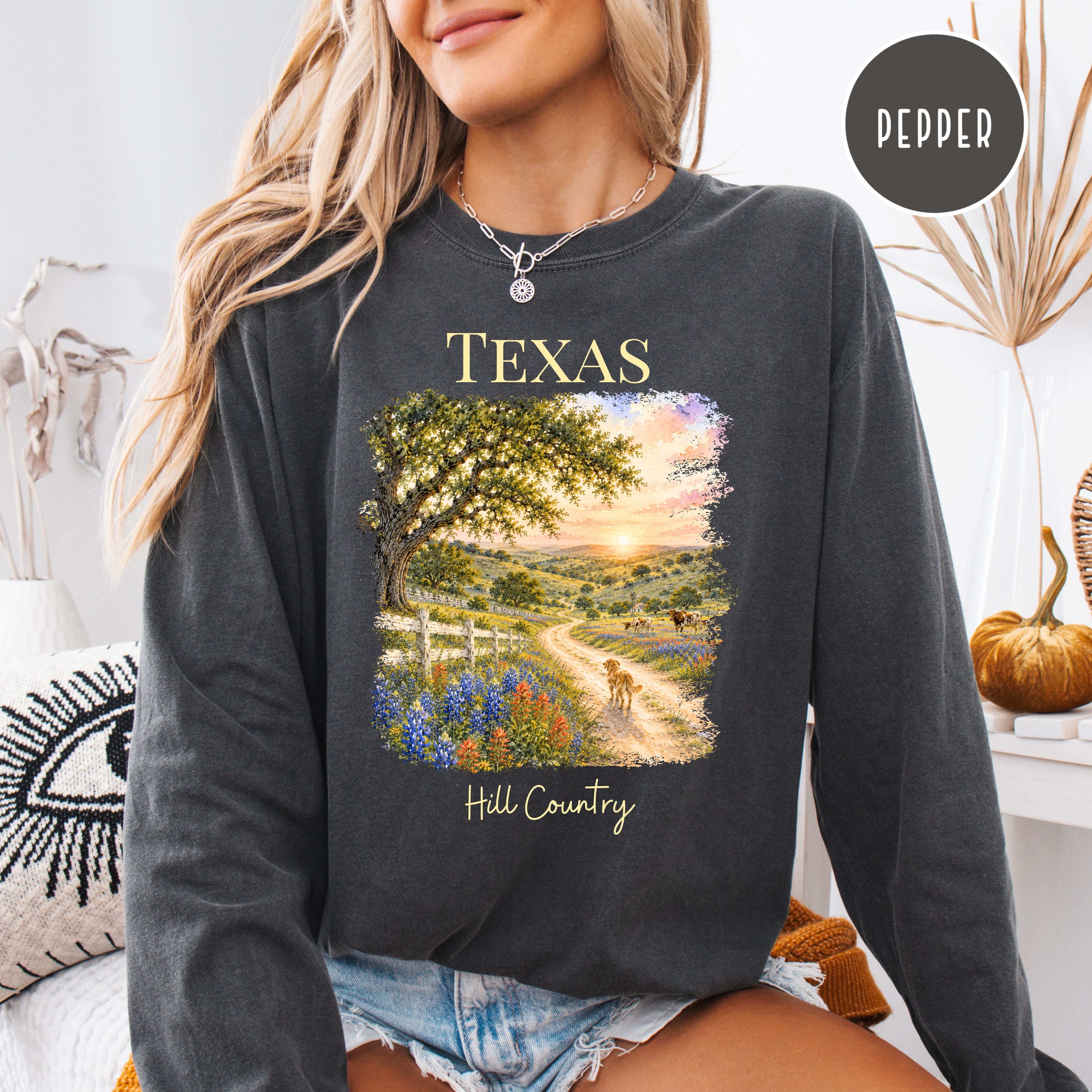 Texas Hill Country Long Sleeve Comfort Colors T-Shirt, Texas Vacation Shirt, Texas Gift Shirt, Texas Travel Gift, Texas Blue Bonnets Shirt
