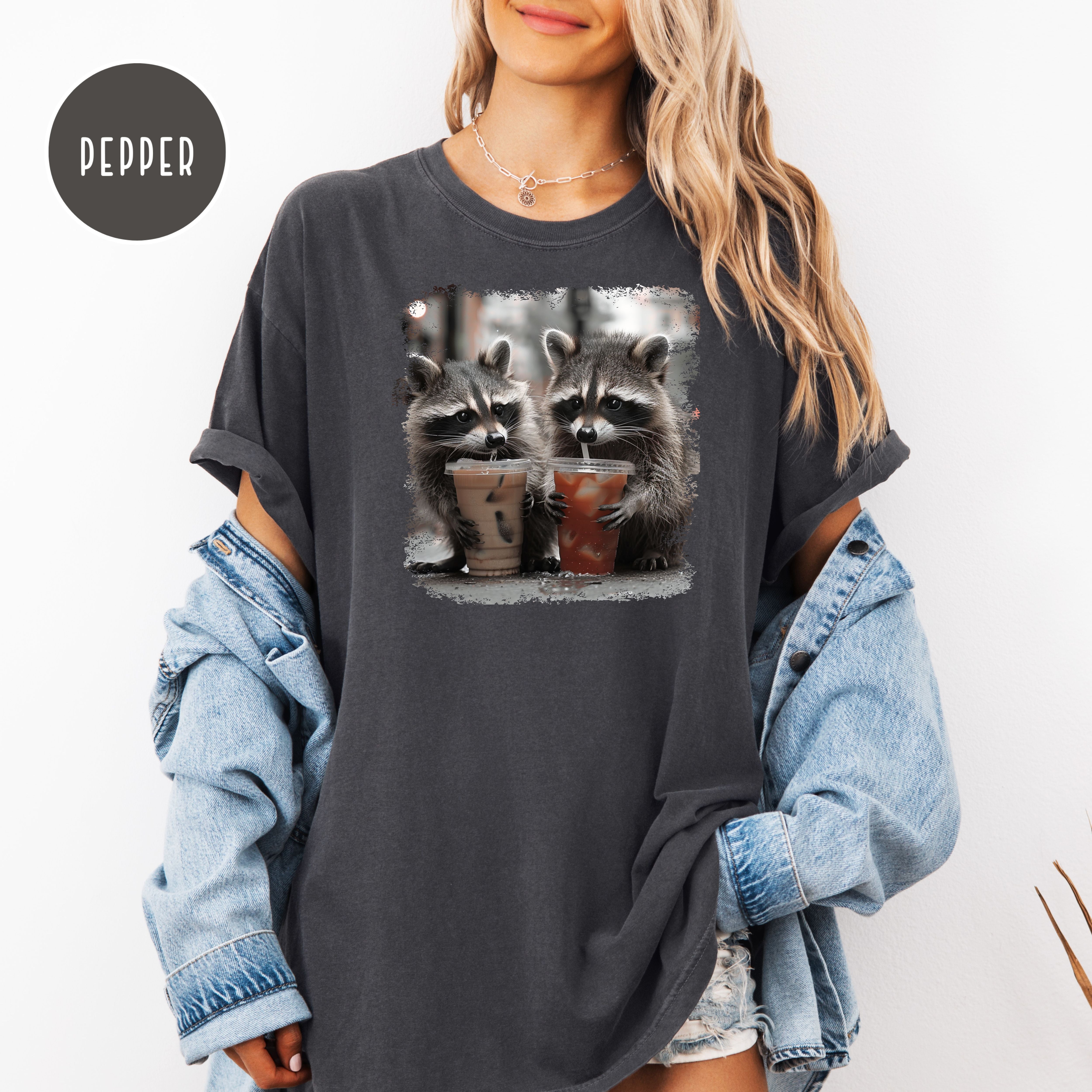 Cute Raccoons Drinking Iced Coffee and Iced Tea Comfort Colors Raccoon Lover T-Shirt, Funny Animal Meme Shirt, Coffee Lover Shirt