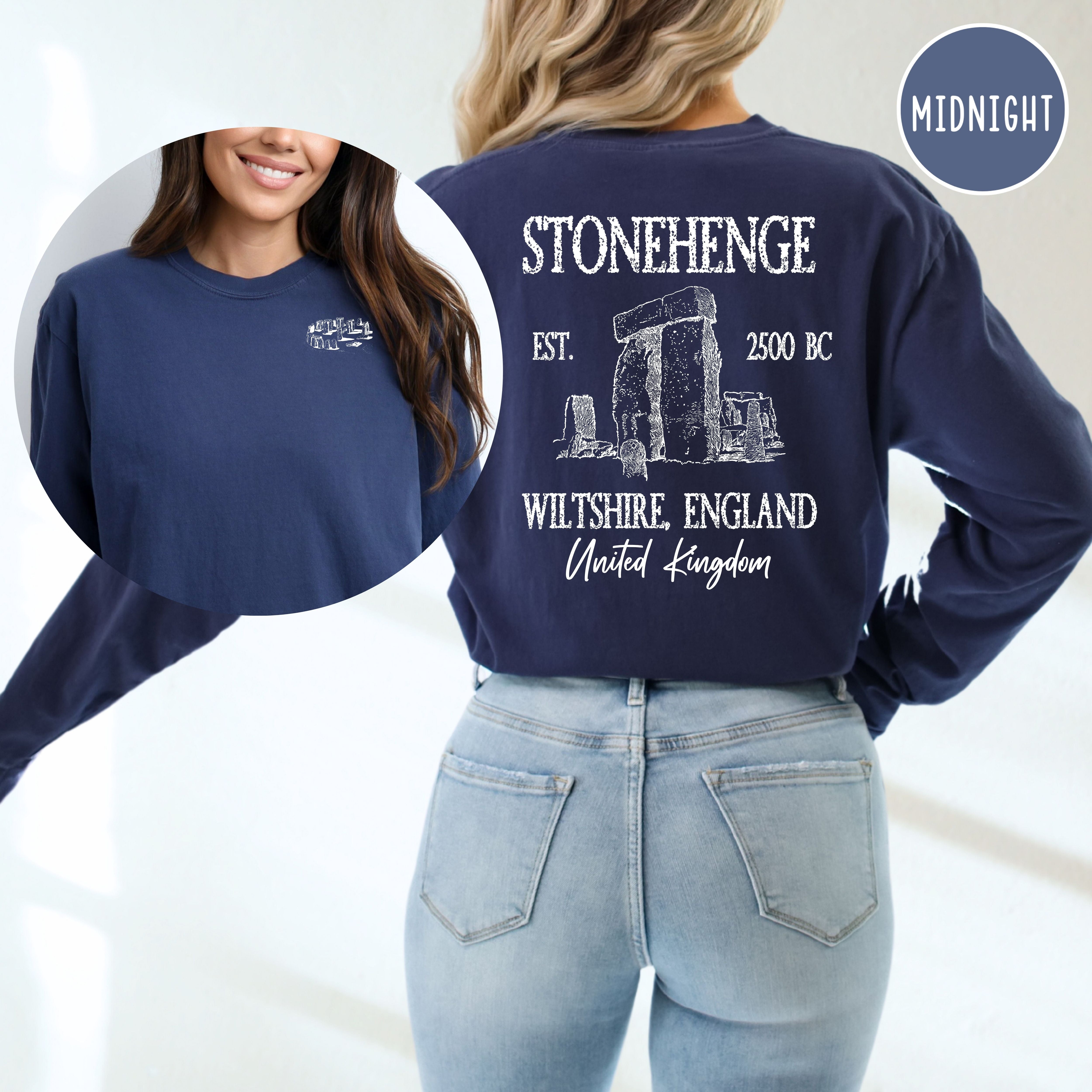 Stonehenge England Grunge Comfort Colors Long Sleeve Tee Design Front & Back