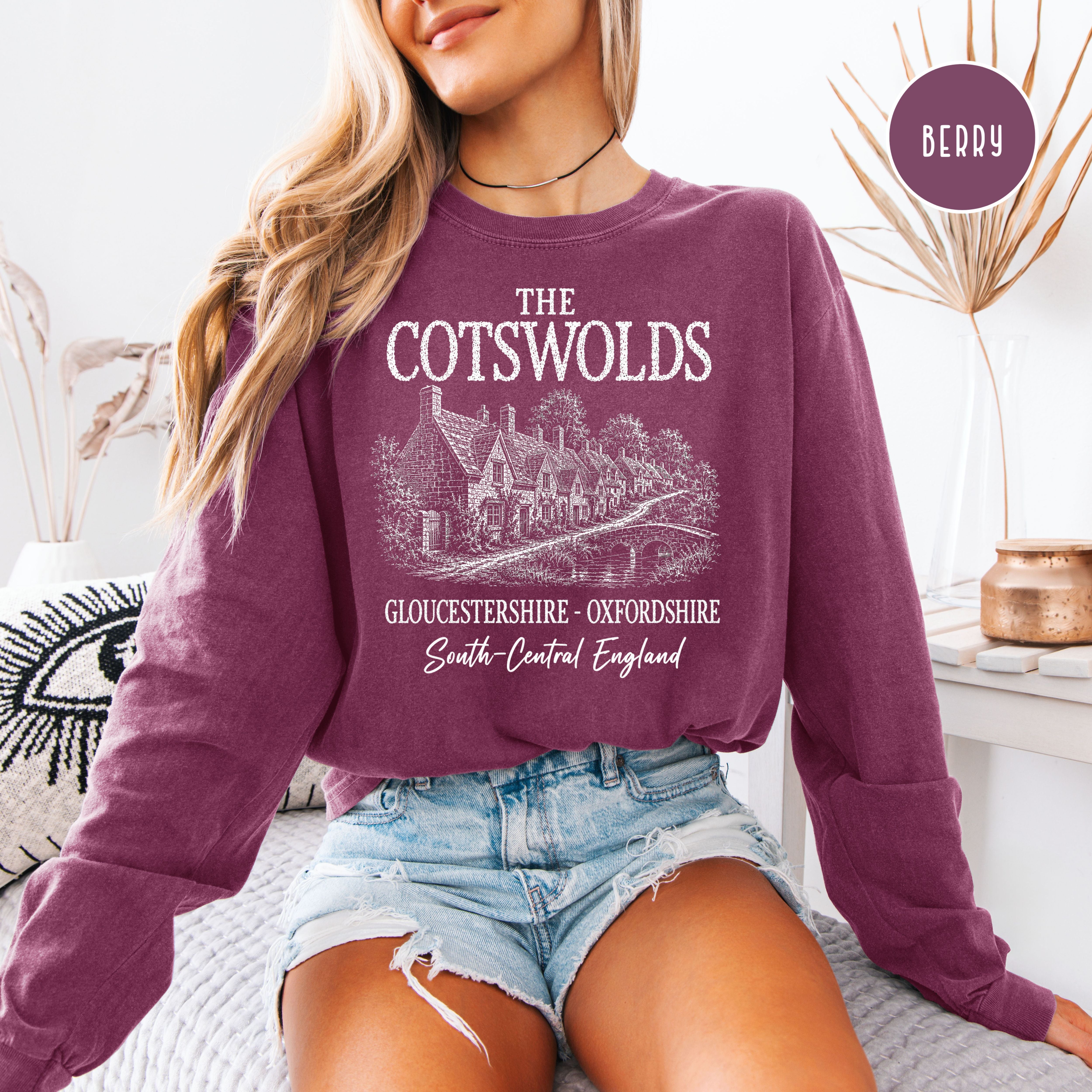 The Cotswolds Long Sleeve Comfort Colors T-Shirt, Bibury Arlington Row England Vintage Style Tee Shirt, English Village Traveler Gift Shirt