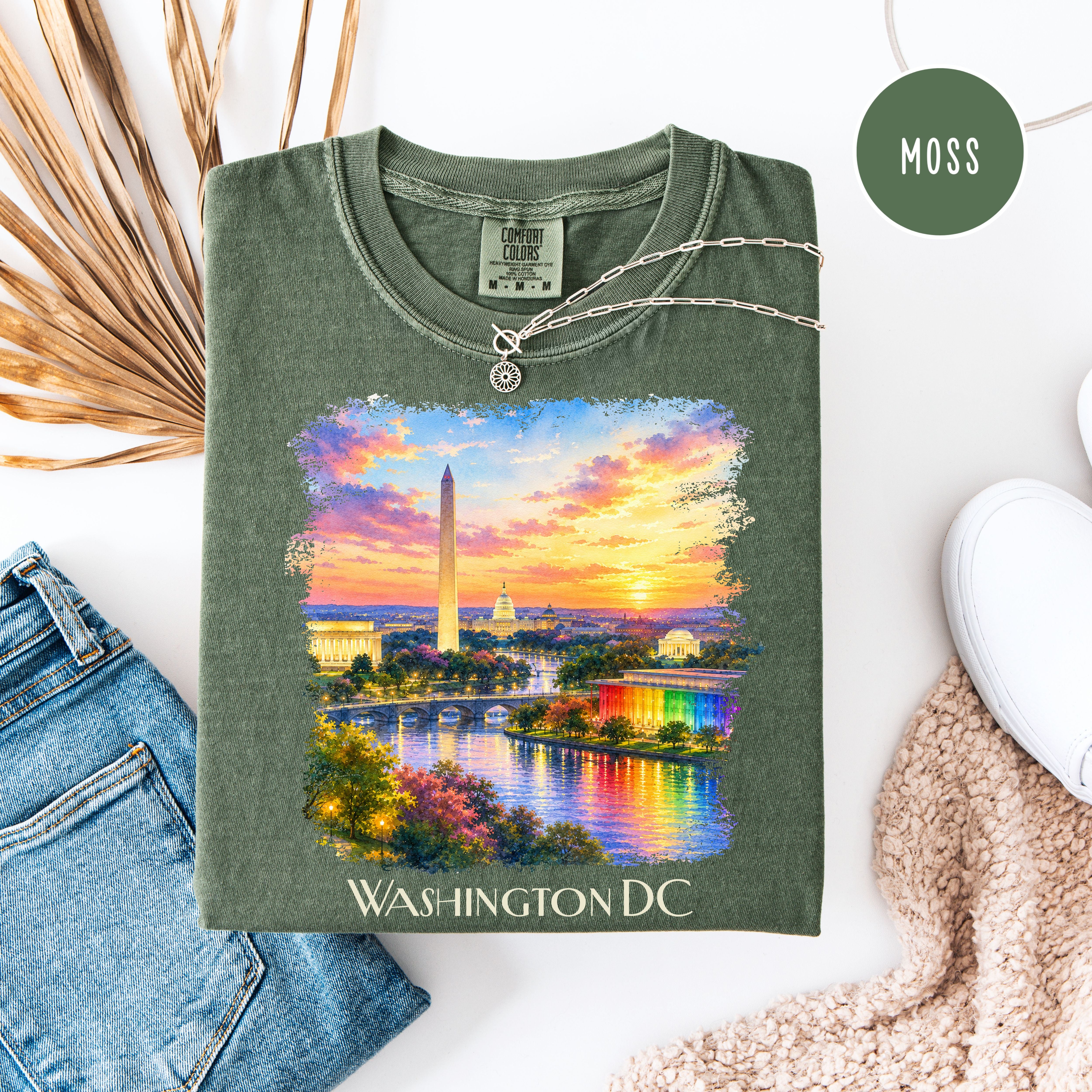Washington DC at Sunset, Kennedy Center and Washington Monuments Unisex Comfort Colors T-Shirt, Kennedy Center for Pride Washington Travel
