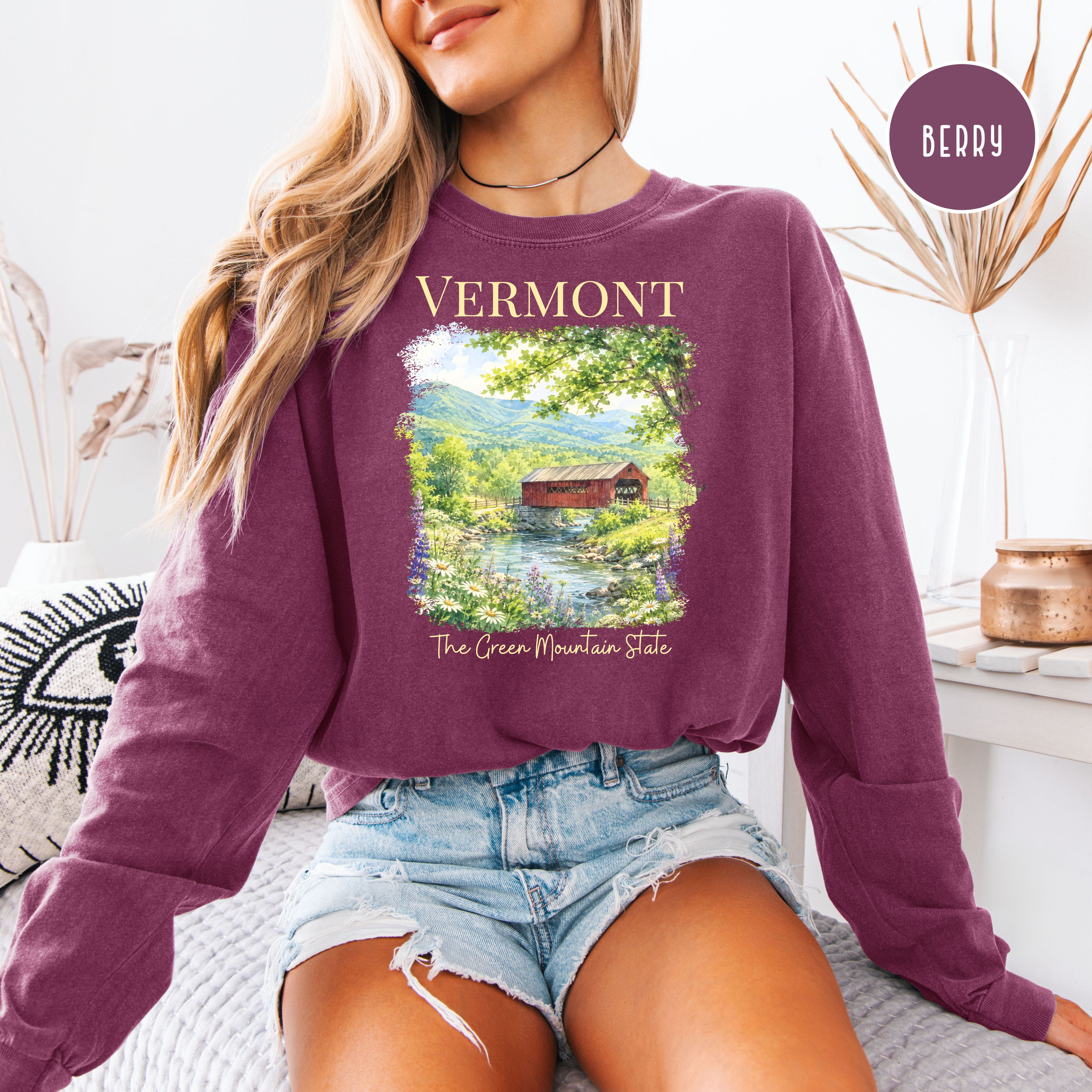 Vermont Long Sleeve Comfort Colors Vacation Gift Tee Shirt, Red Covered Bridge Vermont Shirt, Vermont Travel Gift, The Green Mountain State