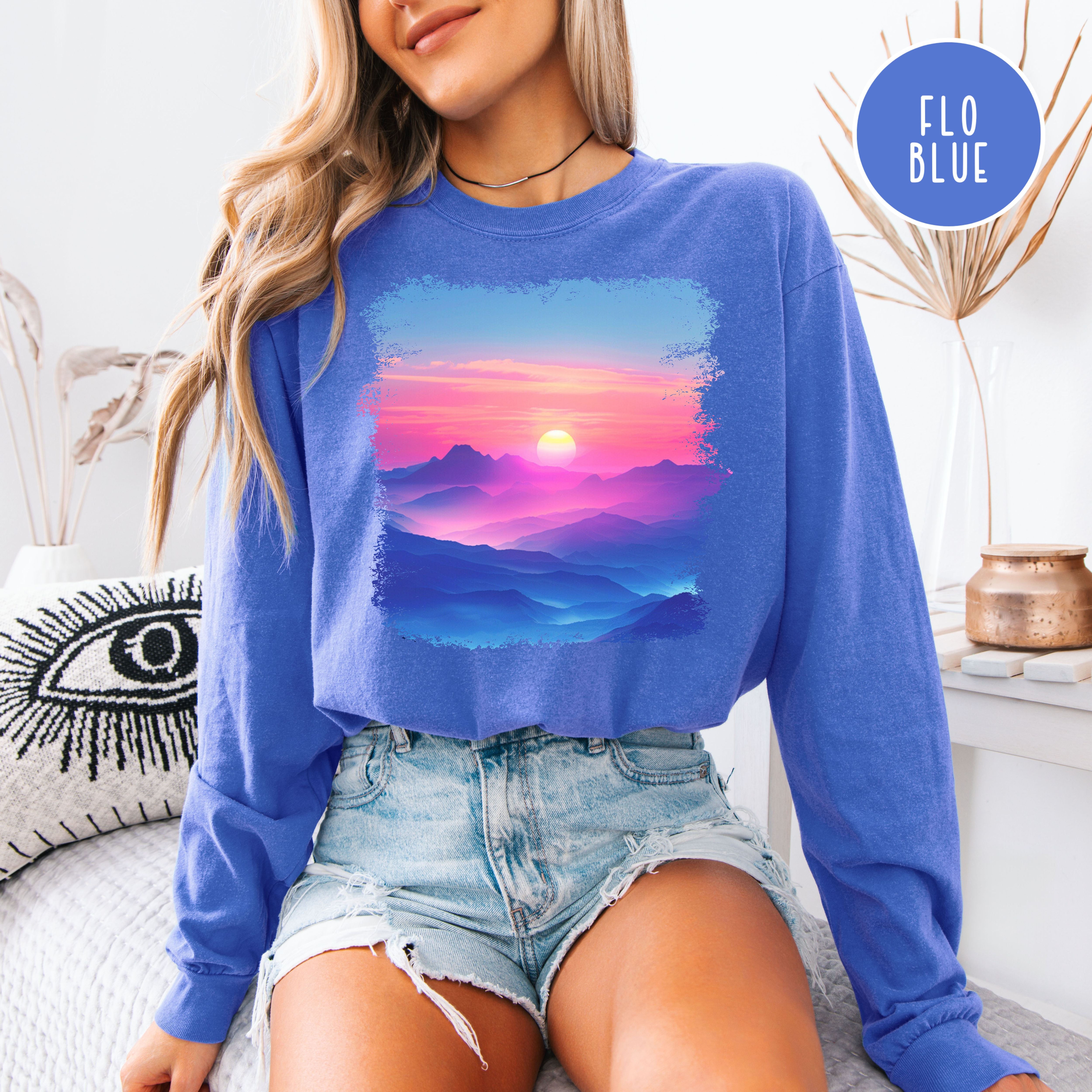 Colorful Sunset Over Mountains Long Sleeve Comfort Colors T-shirt, Pink Purple Red Yellow Sunset