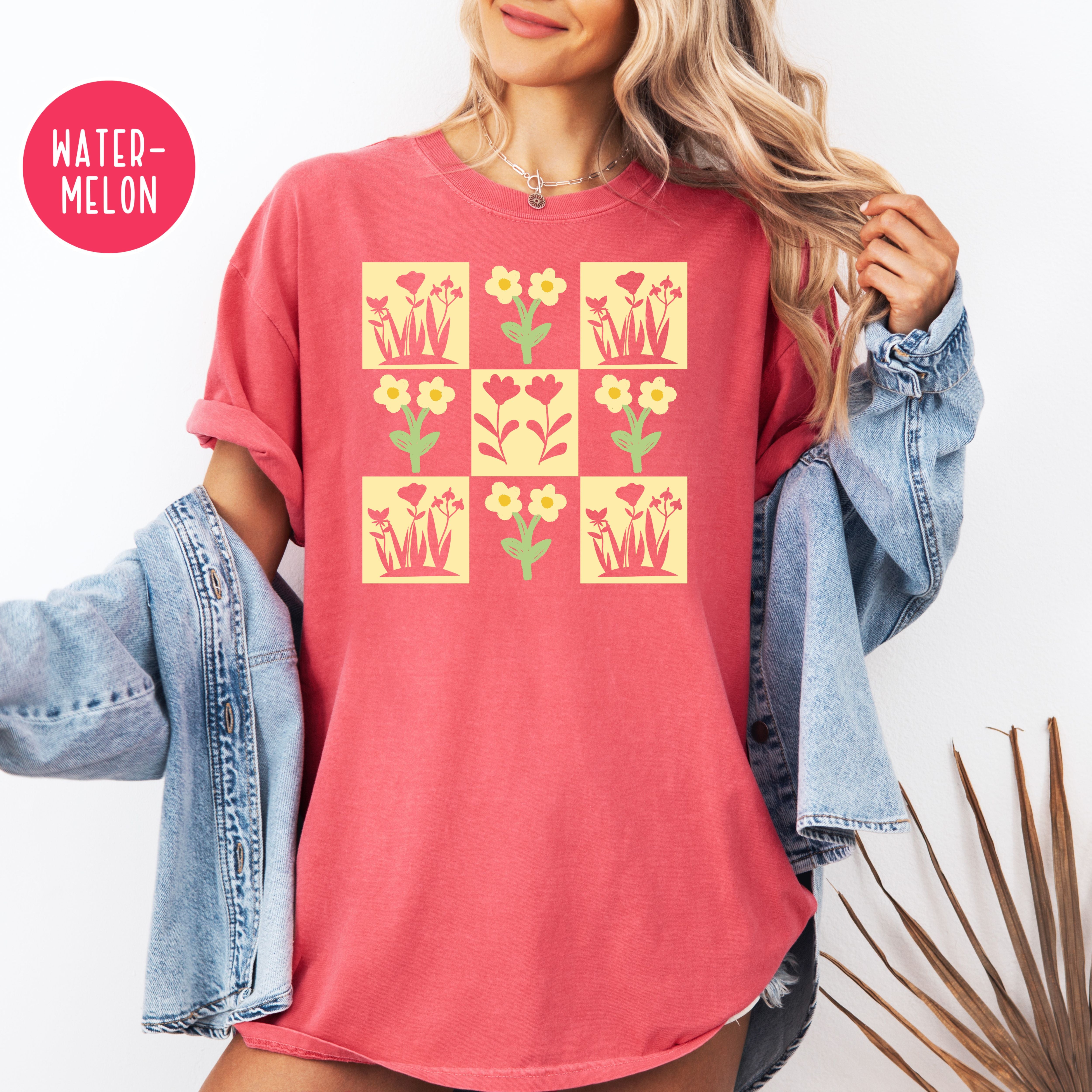 Flower Lover Gift Shirt, Flower Checkerboard Grid Comfort Colors Gift for Garden Lover