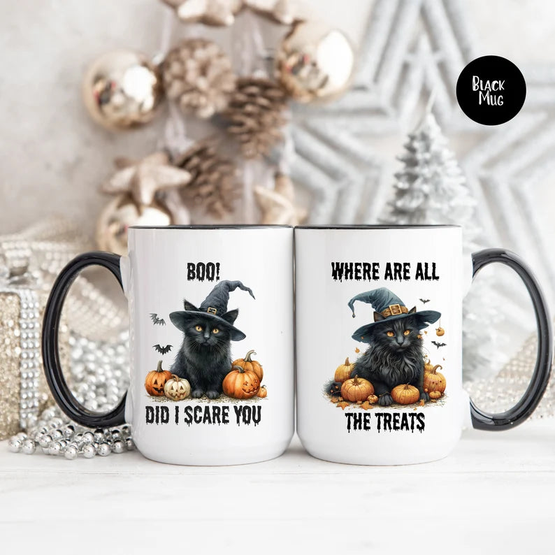 Black Cat Halloween Mug - One Design on Front 2nd Design on Back as Shown