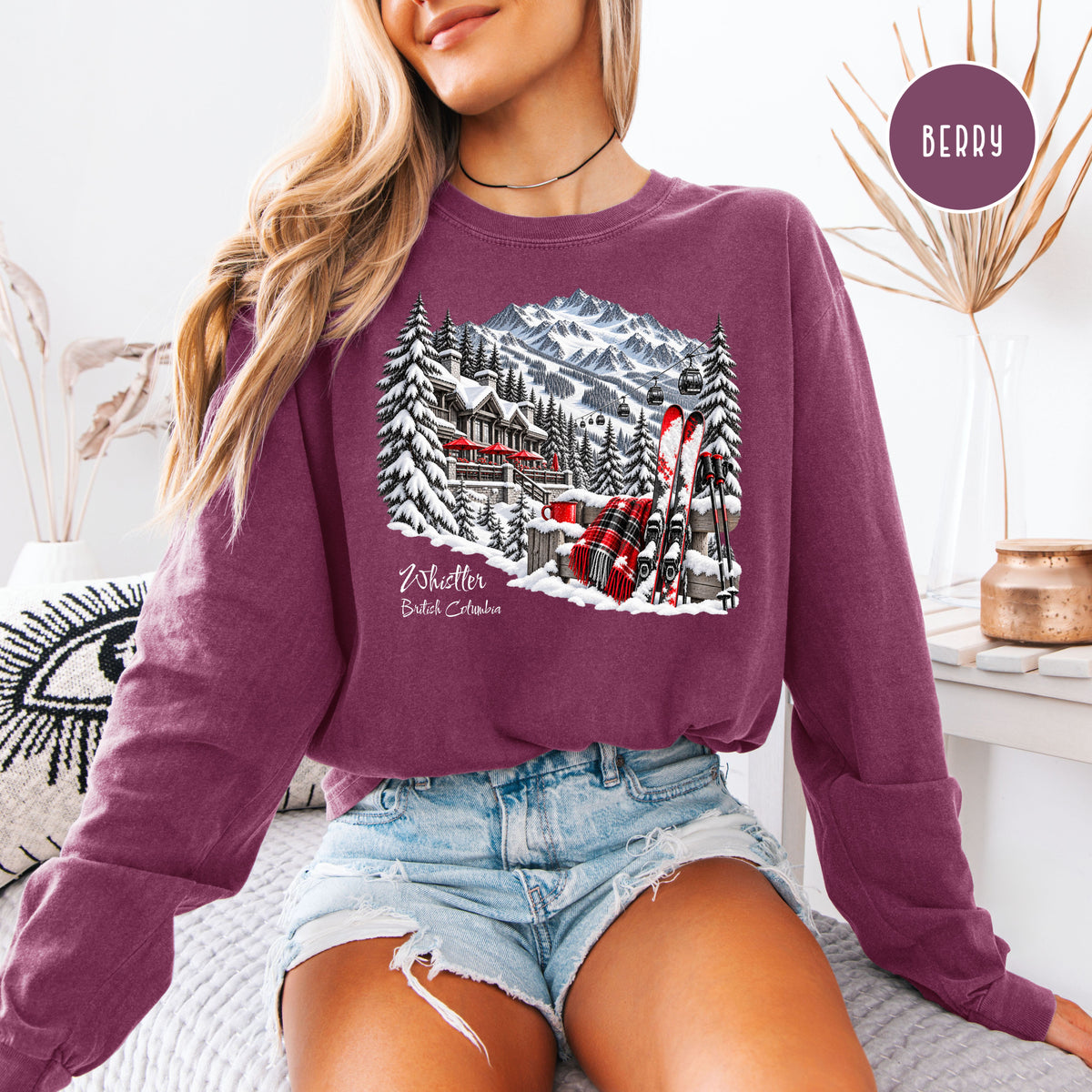 Whistler Skiing Long Sleeve Comfort Colors TShirt, Whistler British Columbia Vacation Gift Tee, Canada Skiing Gift Shirt, Whistler Gift Tee