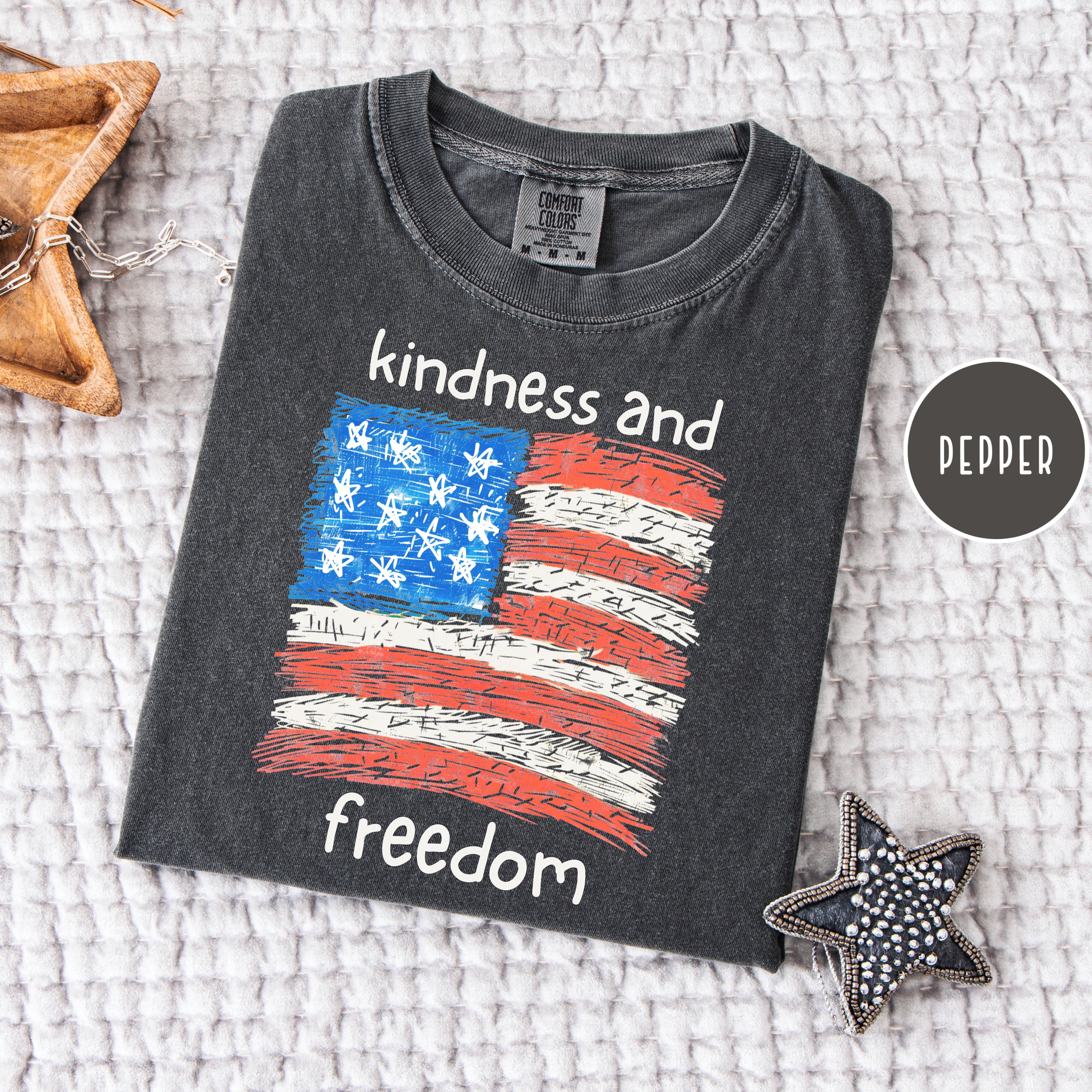 Freedom and Kindness 4th of July Shirt, USA Flag Drawing Comfort Colors T-Shirt, Fun Patriotic Shirt, Kindness Shirt, Be Kind Gift Shirt