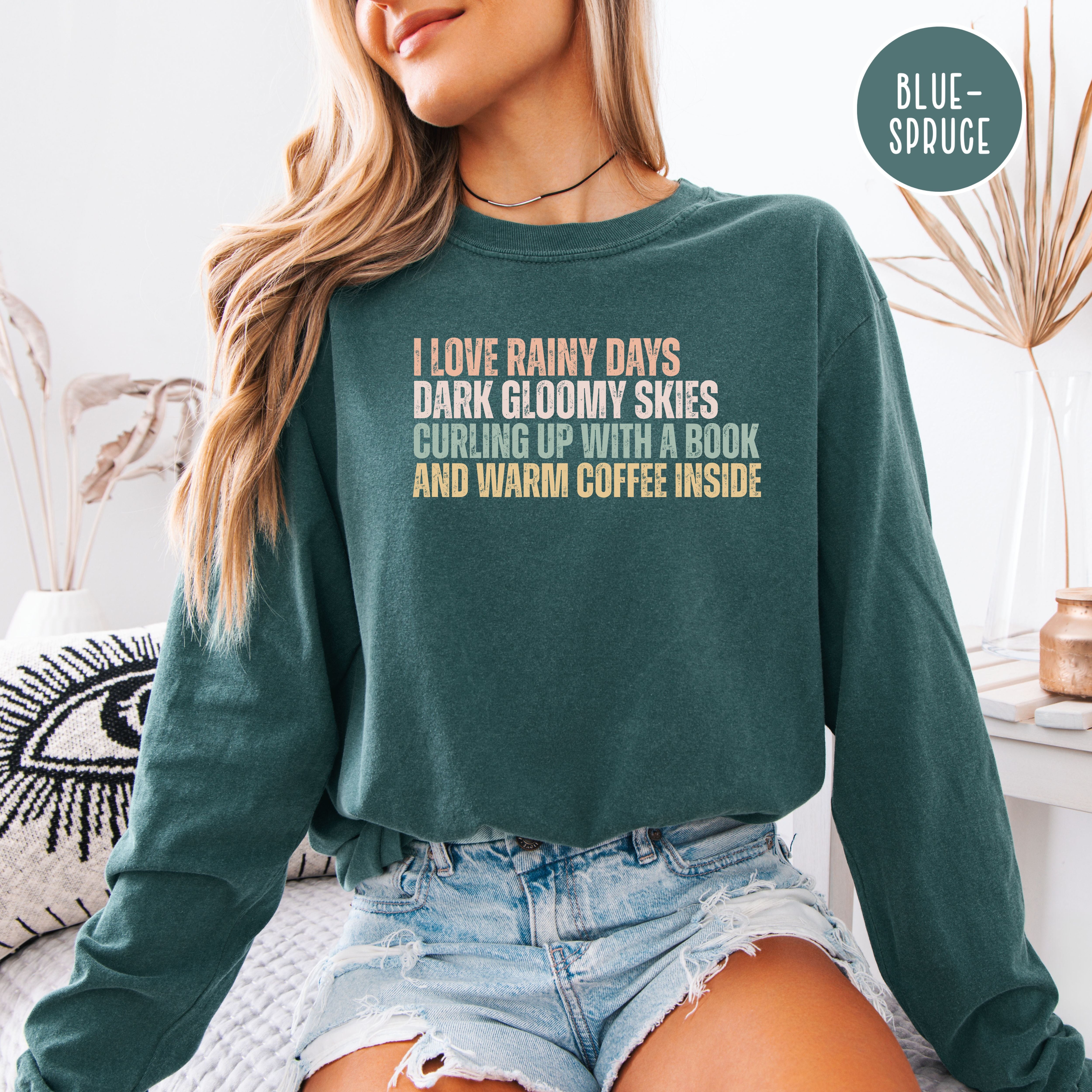 Cozy Rainy Days Unisex Long Sleeve Comfort Colors T-Shirt, Book Lover Gift, Coffee Lover Gift Shirt, Rainy Days Cozy Shirt