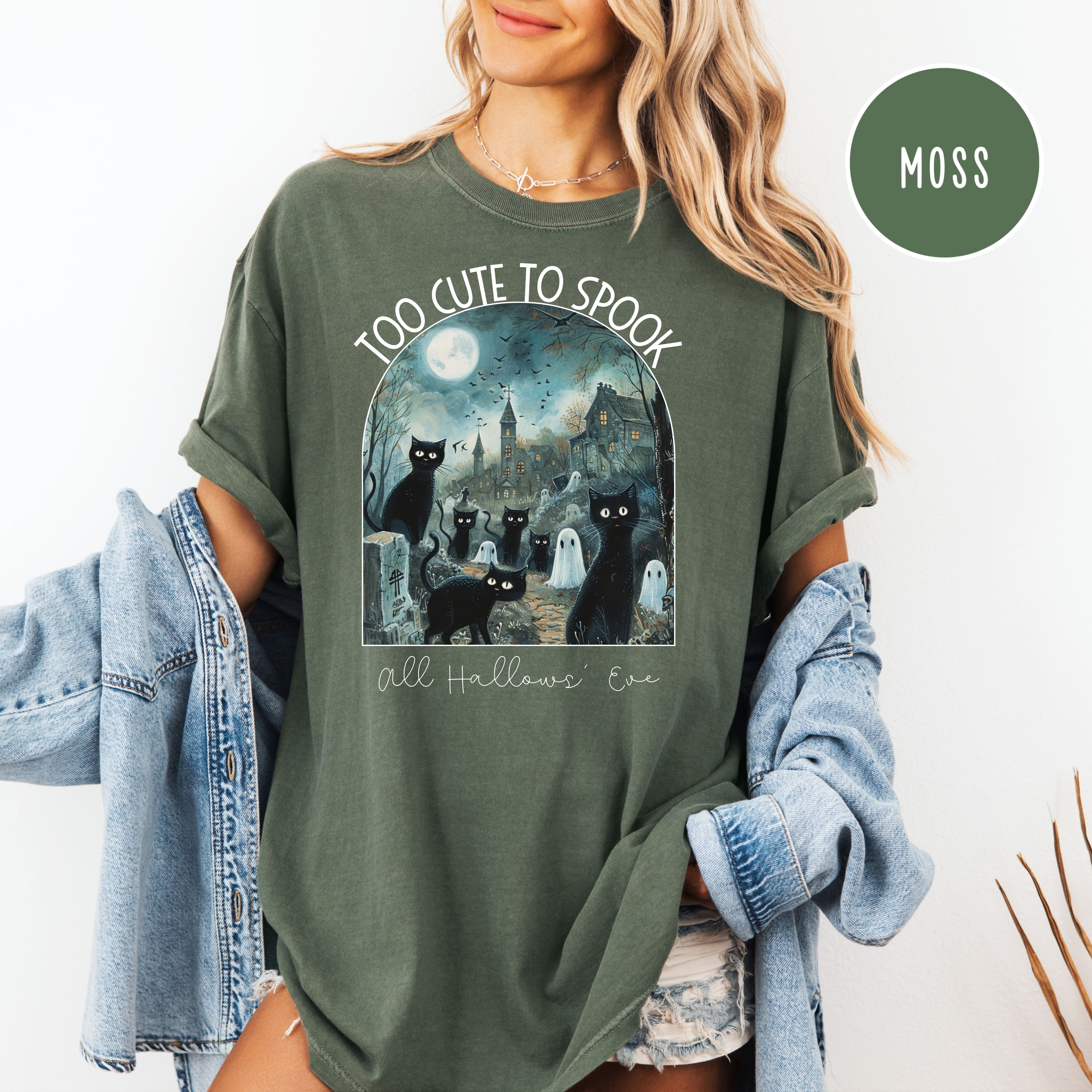 Too Cute To Spook Black Cats in Graveyard Halloween Comfort Colors Tee Shirt