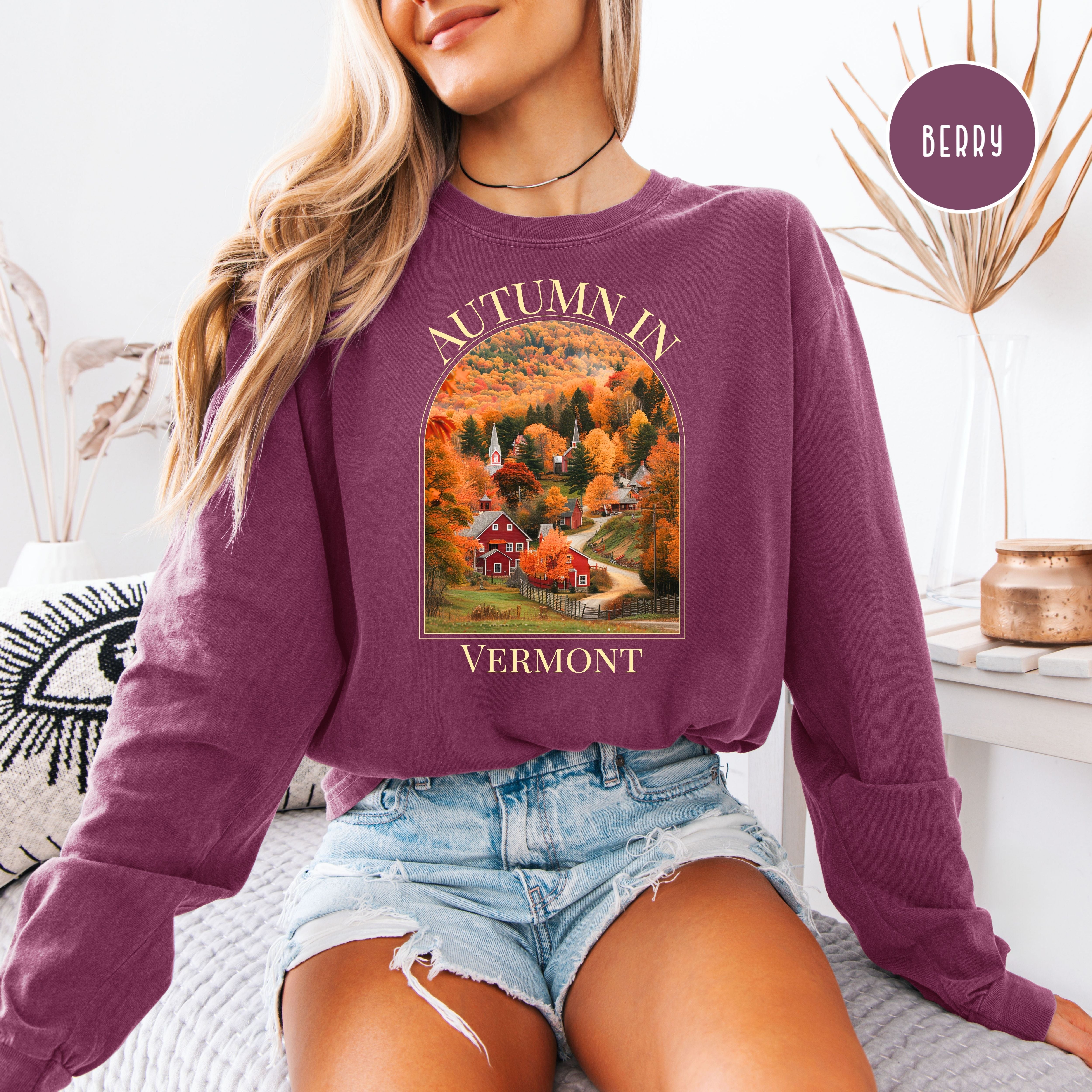 Vermont in Autumn Long Sleeve Comfort Colors T-Shirt, Vermont Vacation Gift