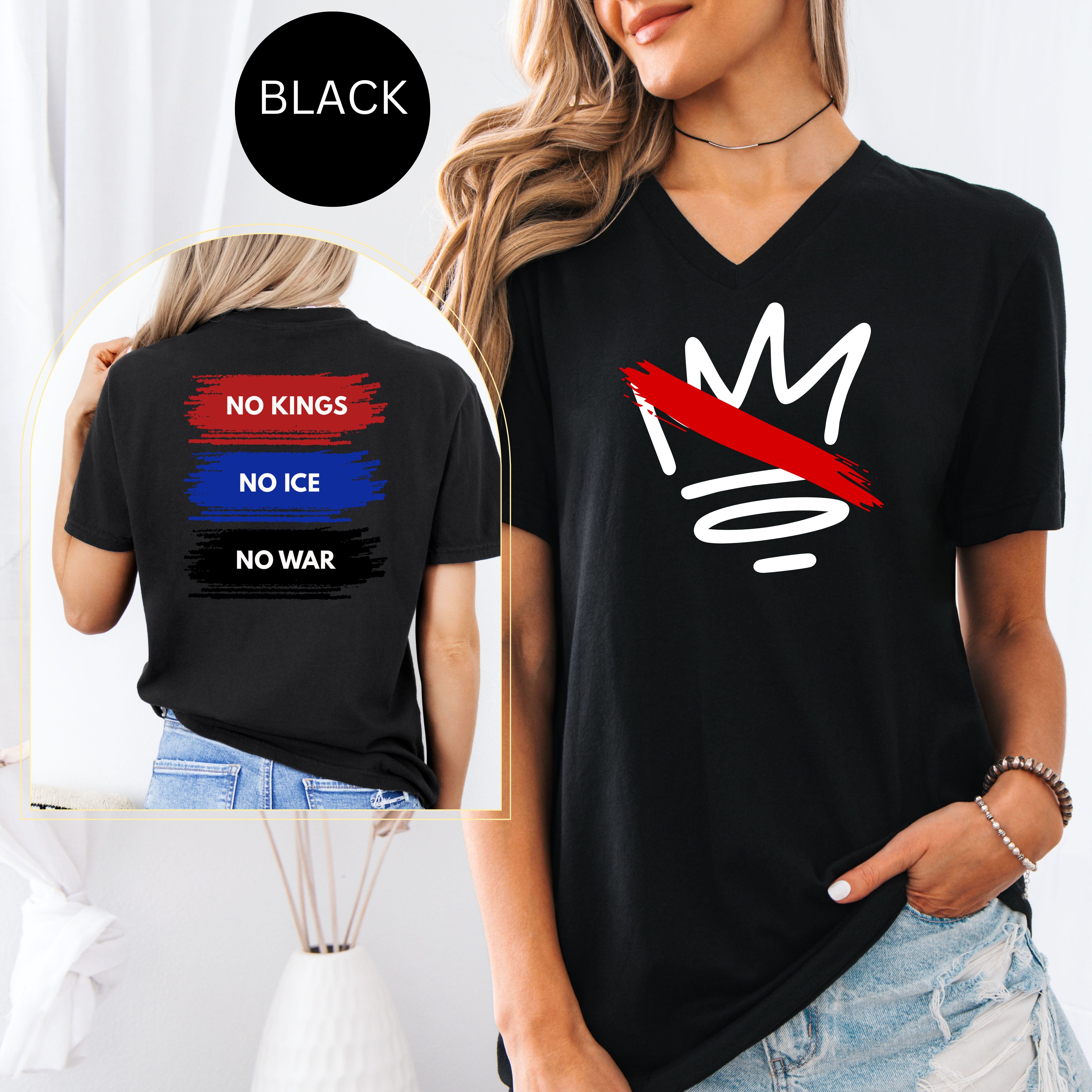 No Kings, No Ice, No Wars Bella Canvas V-Neck Tee, Protest Tee Shirt