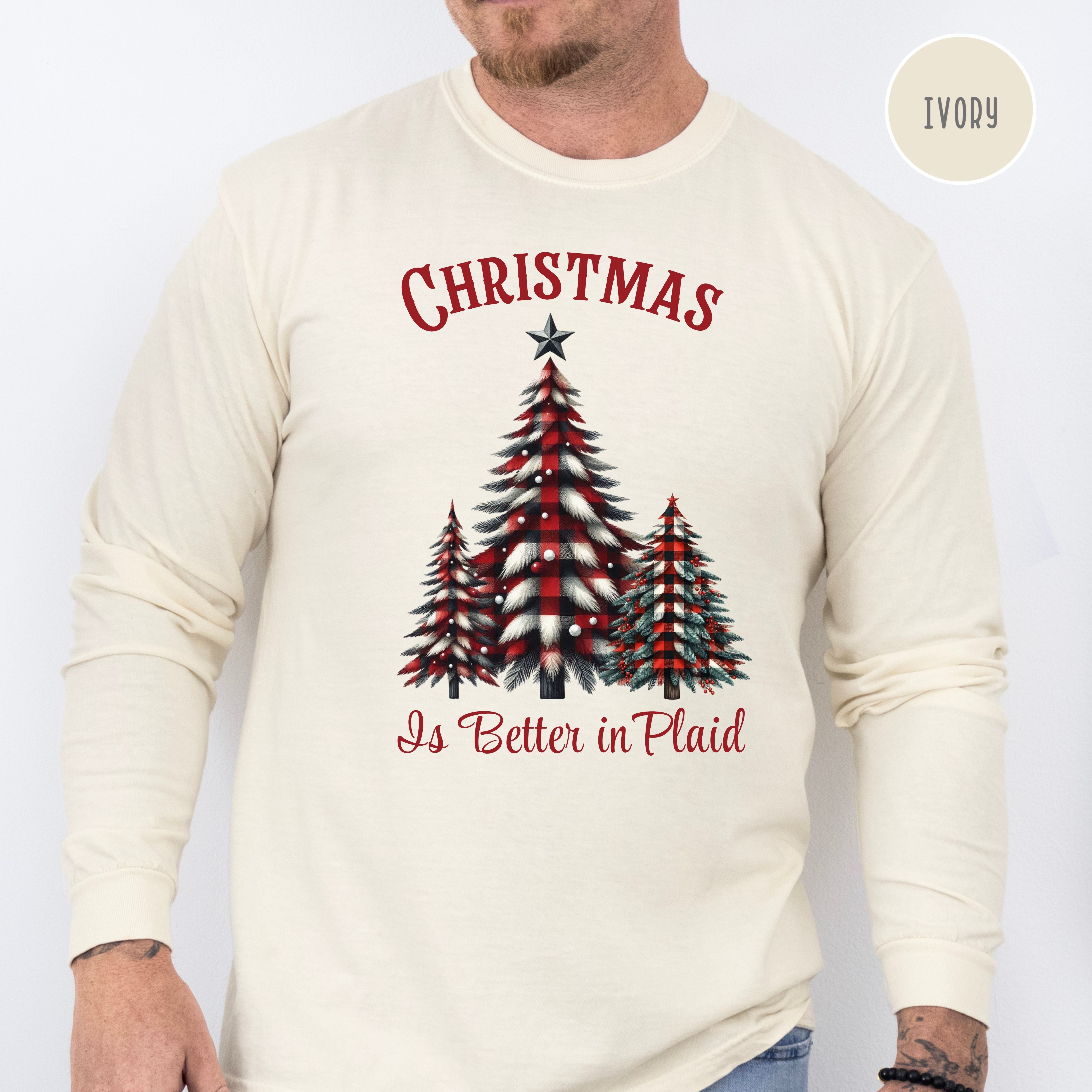 Christmas is Better in Plaid Comfort Colors® Long Sleeve Plaid Christmas Trees Tee