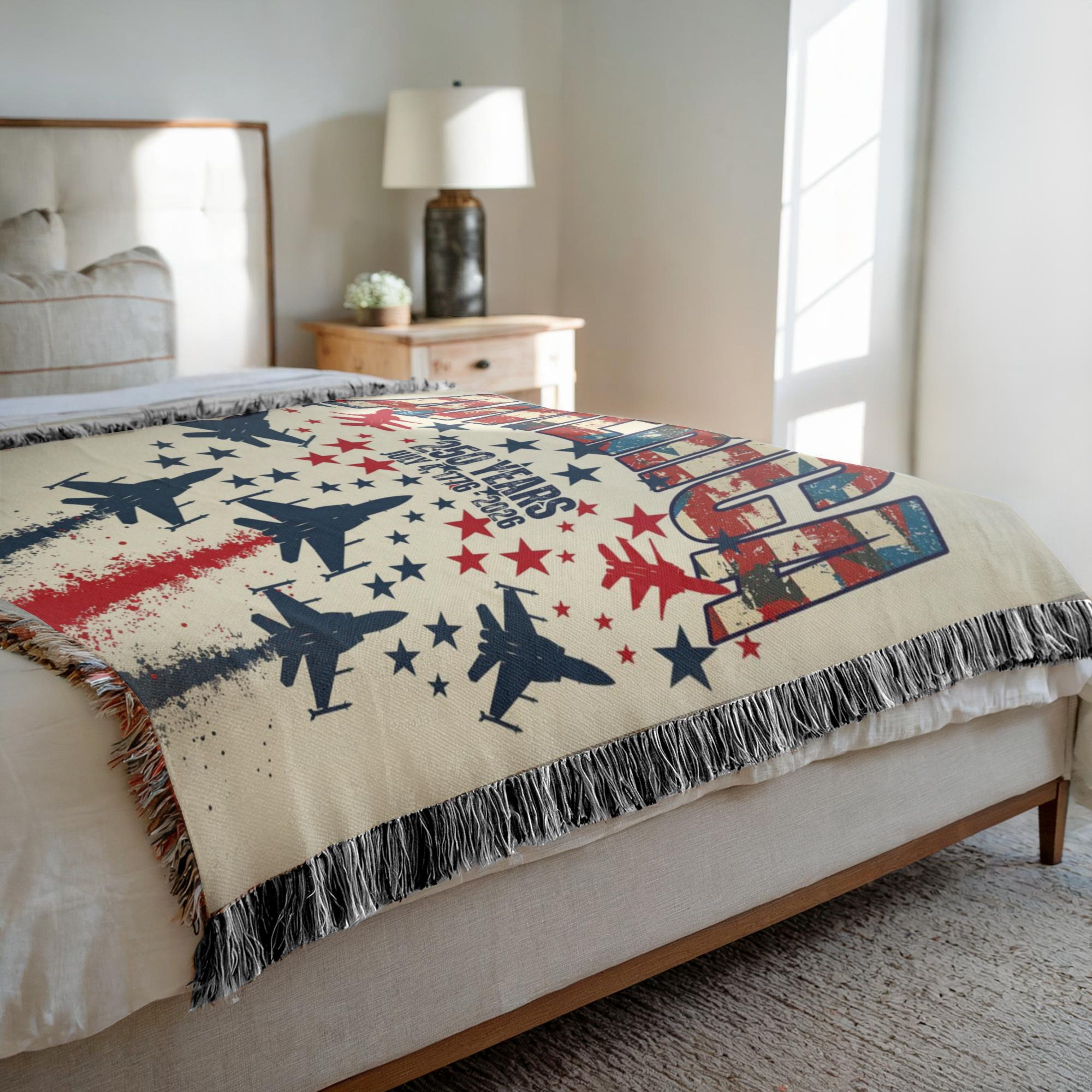 Patriotic American Woven Throw Blanket, America 250 Year Anniversary 4th of July Gift Souvenir