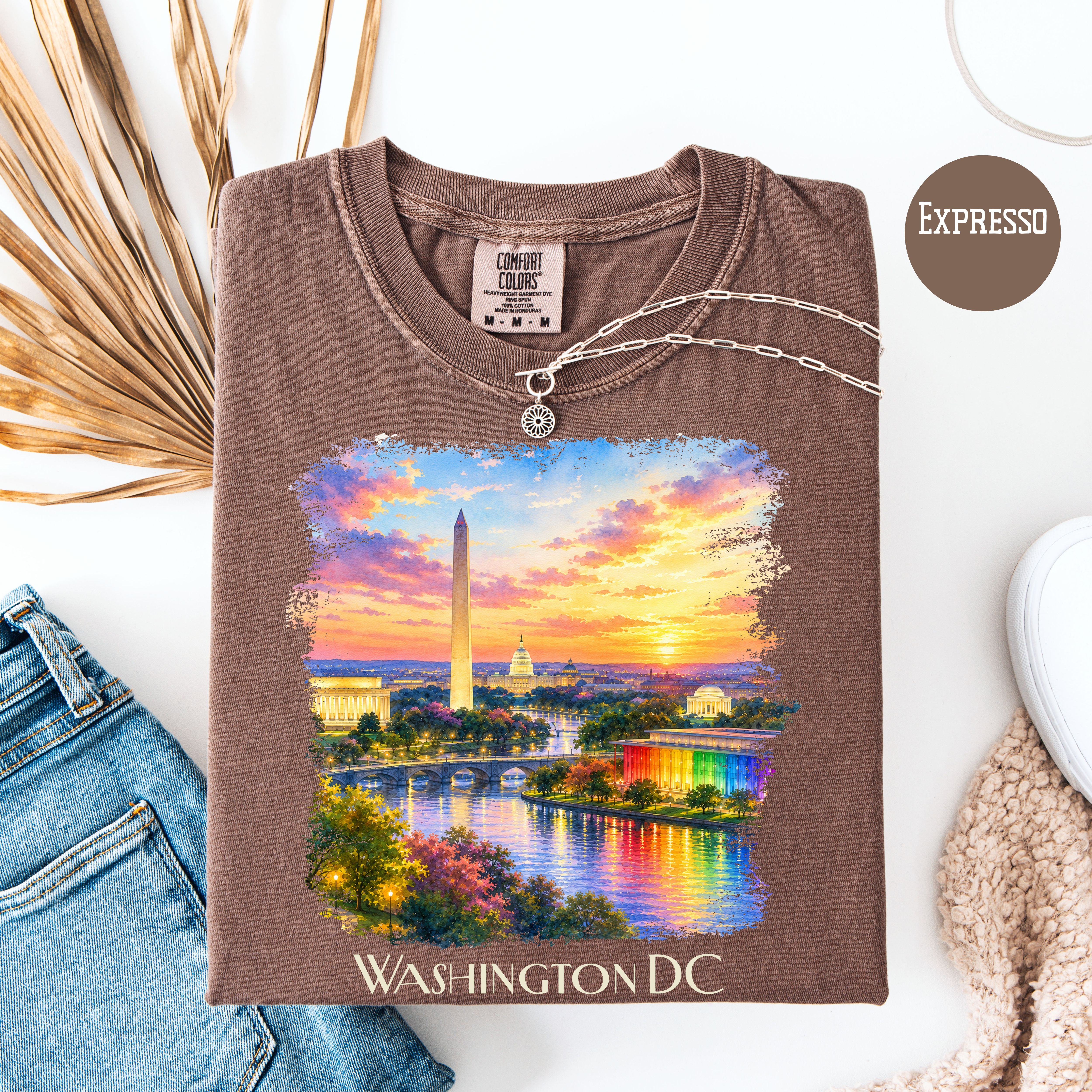 Washington DC at Sunset, Kennedy Center and Washington Monuments Unisex Comfort Colors T-Shirt, Kennedy Center for Pride Washington Travel